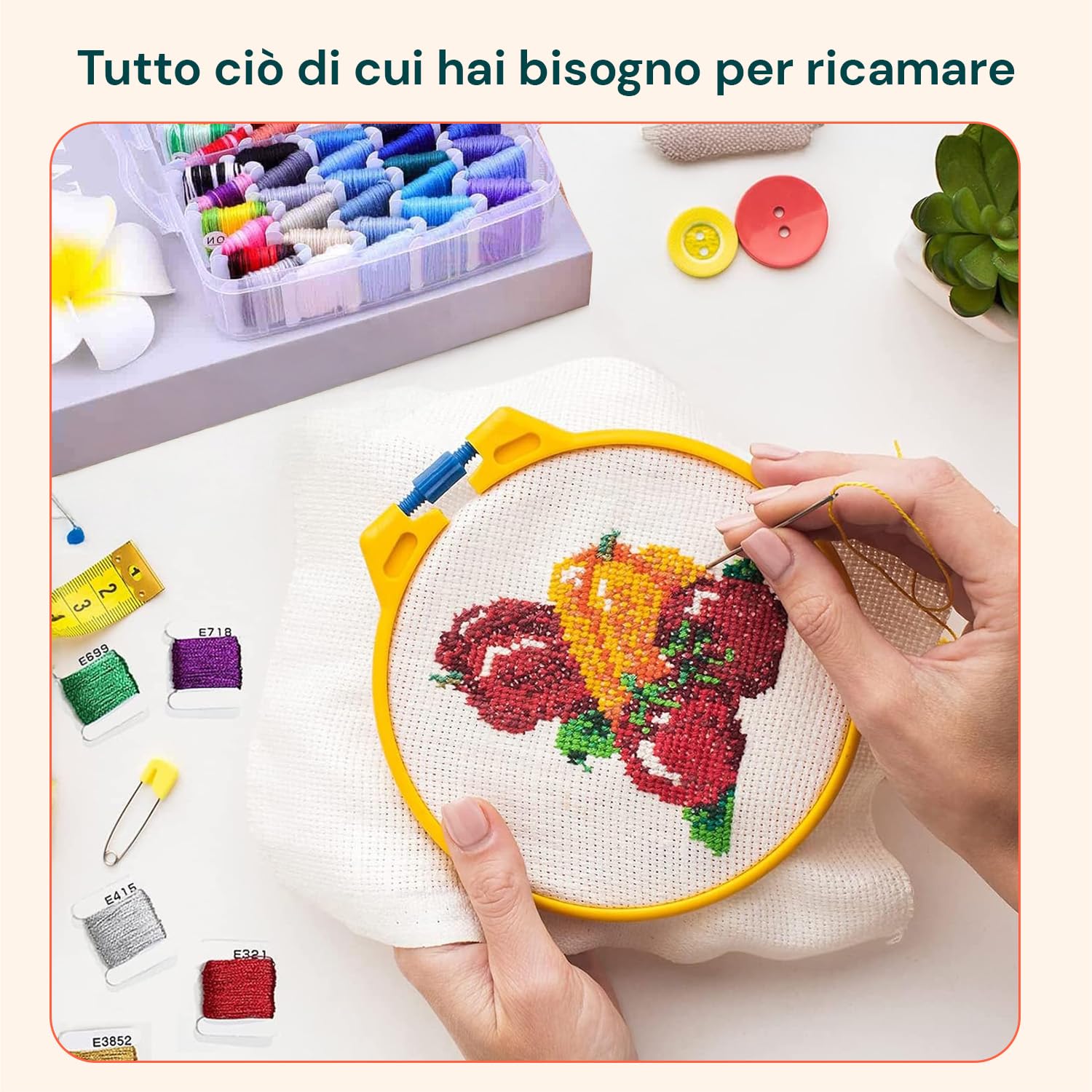 Wintem – Kit Ricamo con 150 Fili Colorati, Contenitore a 3 Livelli con 6 Scomparti, Accessori Inclusi per Punto Croce e Braccialetti, Ideale per Principianti e Ricamo Creativo