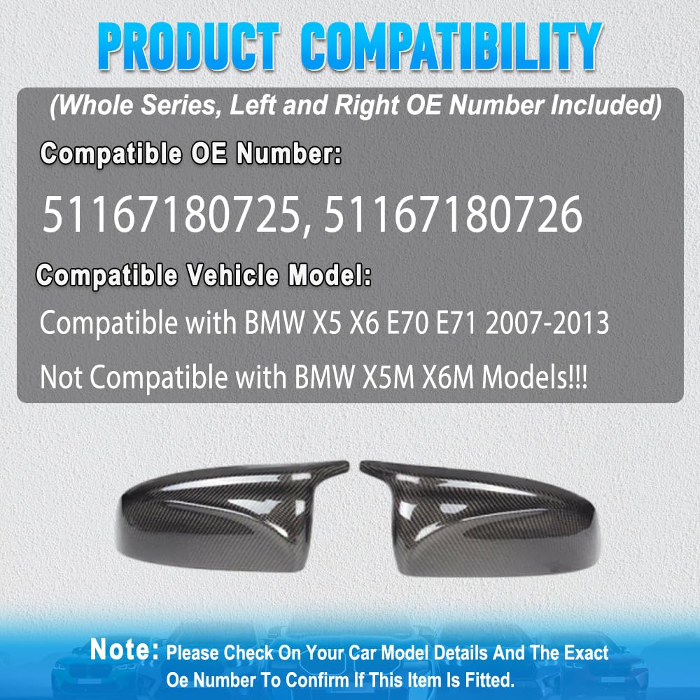 Cubiertas para espejos laterales de coche Kacepar, tapas para espejos laterales compatible con BMW X5 X6 E70 E71 2007-2013, acabado en fibra de carbono 51167180726