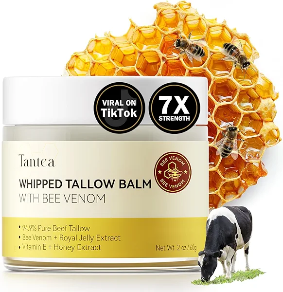 Beef Tallow for Skin, Beef Tallow for Face with New Zealand Bee Venom, Bee Venom Cream, Tallow and Honey Balm Deeply Moisturizing for Face & Body & Wrinkle-Reducing (2 oz/Light Scent)