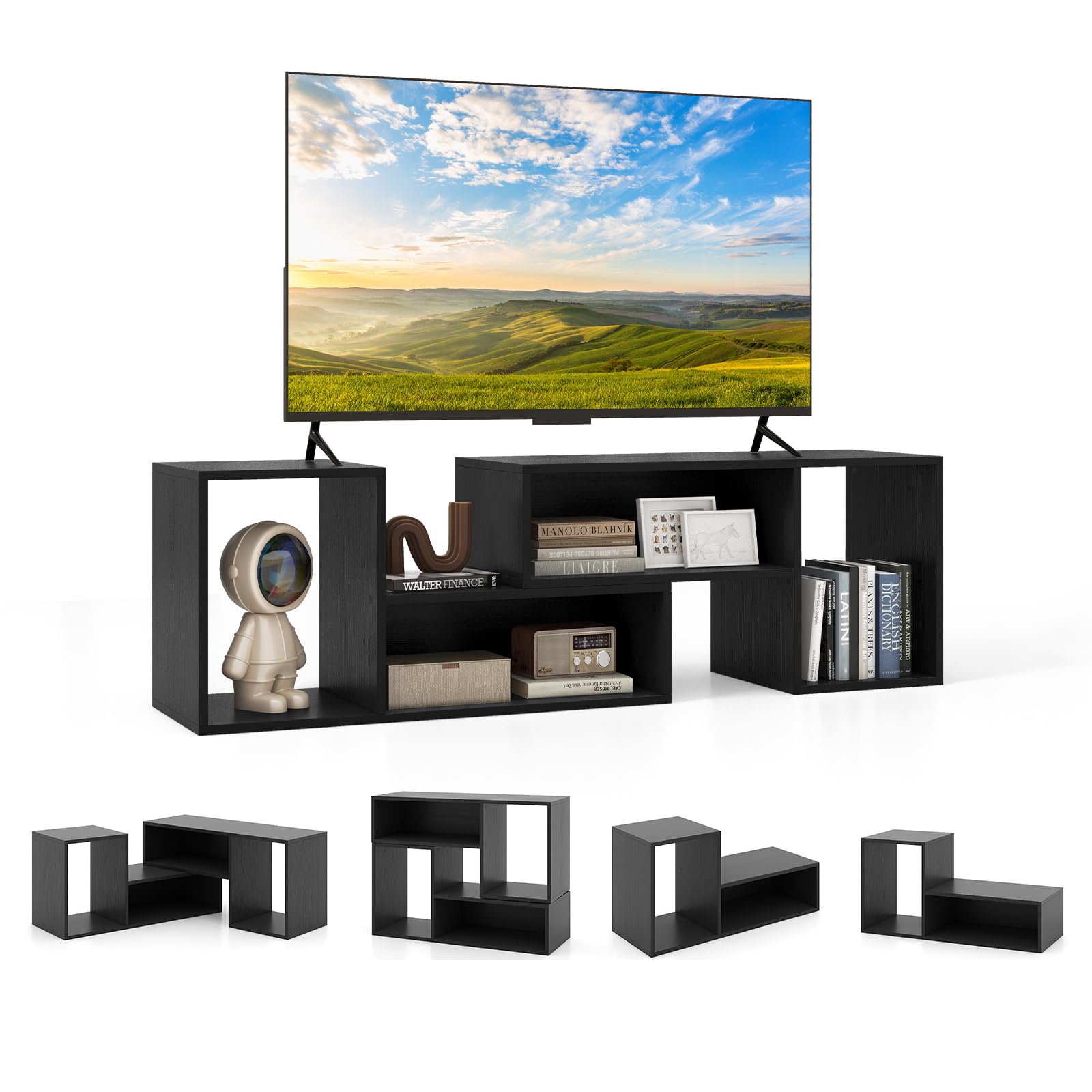 KOMFOTTEU Mobile TV Soggiorno Liberamente Combinabile da 2 Pezzi, Mobiletto TV Multifunzione per TV fino a 60”, Mobile Porta TV in Legno con Vani Aperti e Chiusi, per Camera da Letto (Nero)