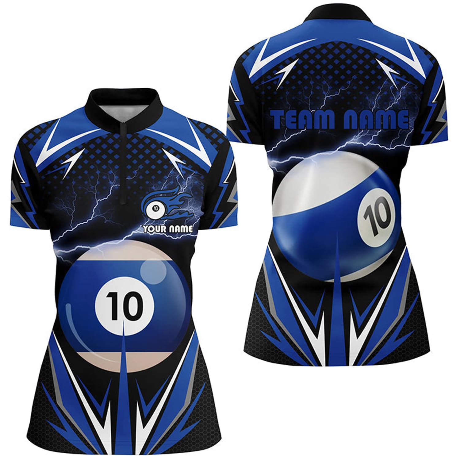 Personalized Thunder Blue 10 Ball Billiard 3D Quarter Zip Shirts for Women 10 Ball Billiard Jerseys V0956 Black, Purple