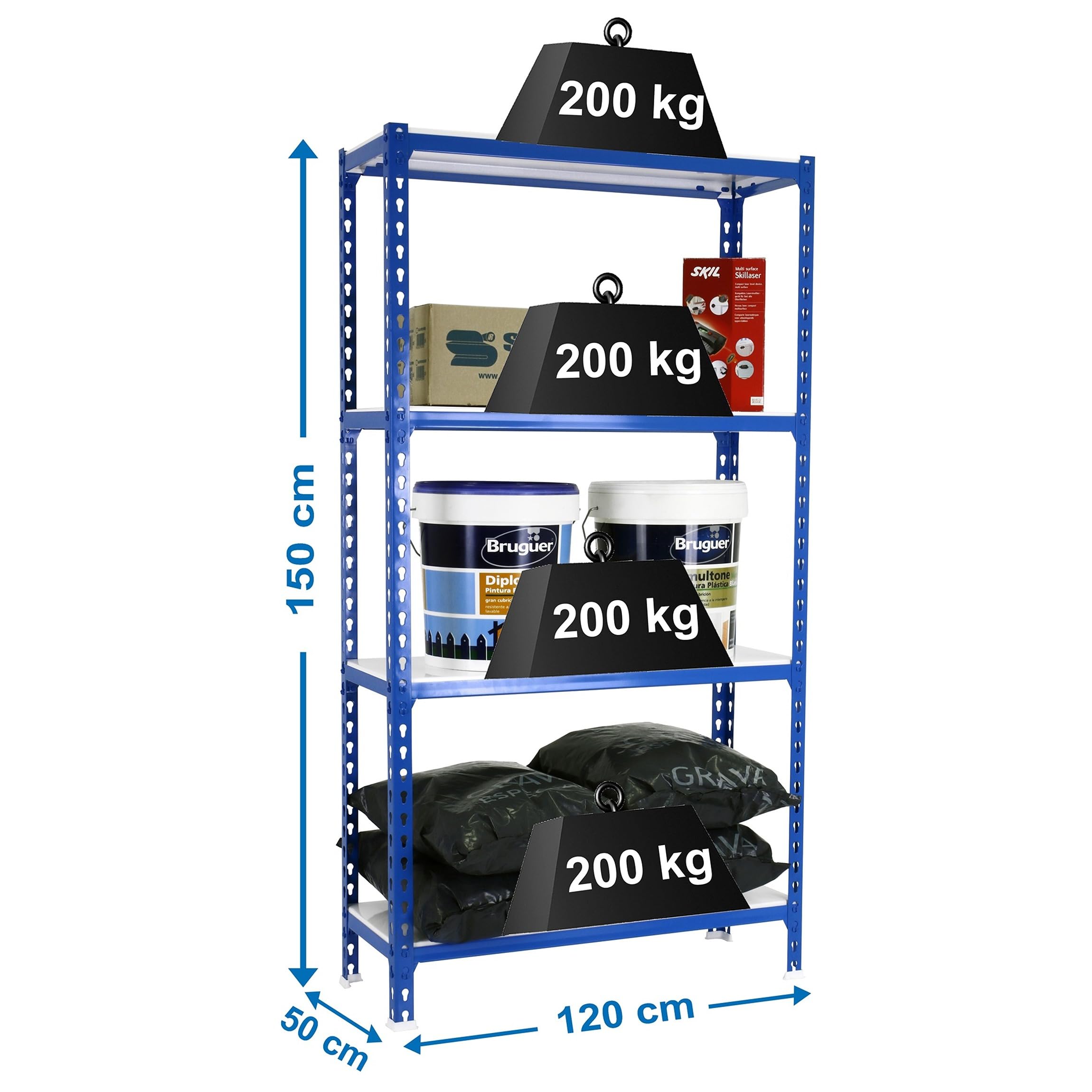 Simon Rack Étagère Rangement et 4 Niveaux, 200 kg Capacité de Charge et Point de Flexion, 1500x1200x500 mm, Étagère Charge Lourde, Étagère Garage, Bleu/Blanc - Simonclick