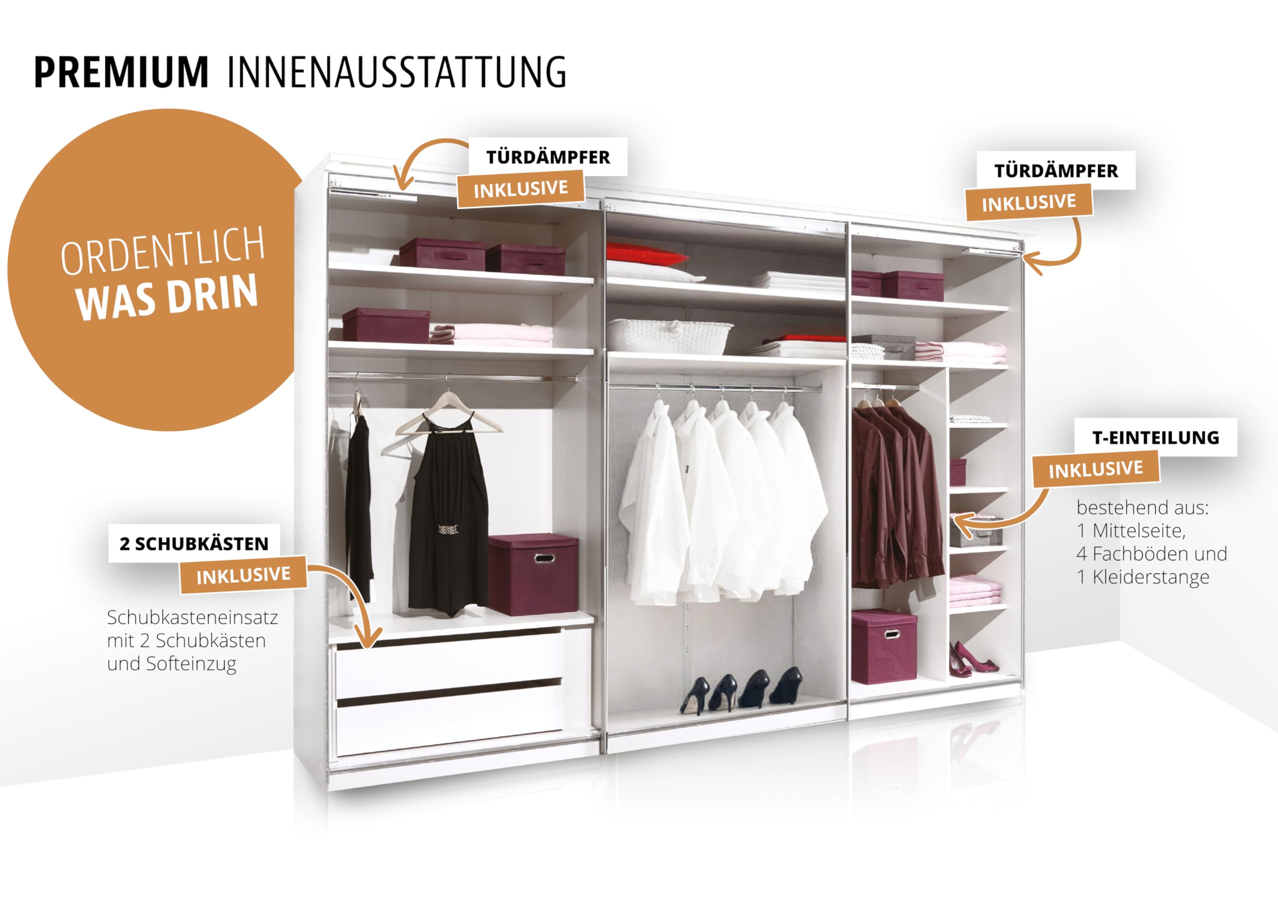 Staud Schwebetürenschrank 3-türig Sinfonie Plus H222 x B280 Sand Innenausstattung-Sets Premium
