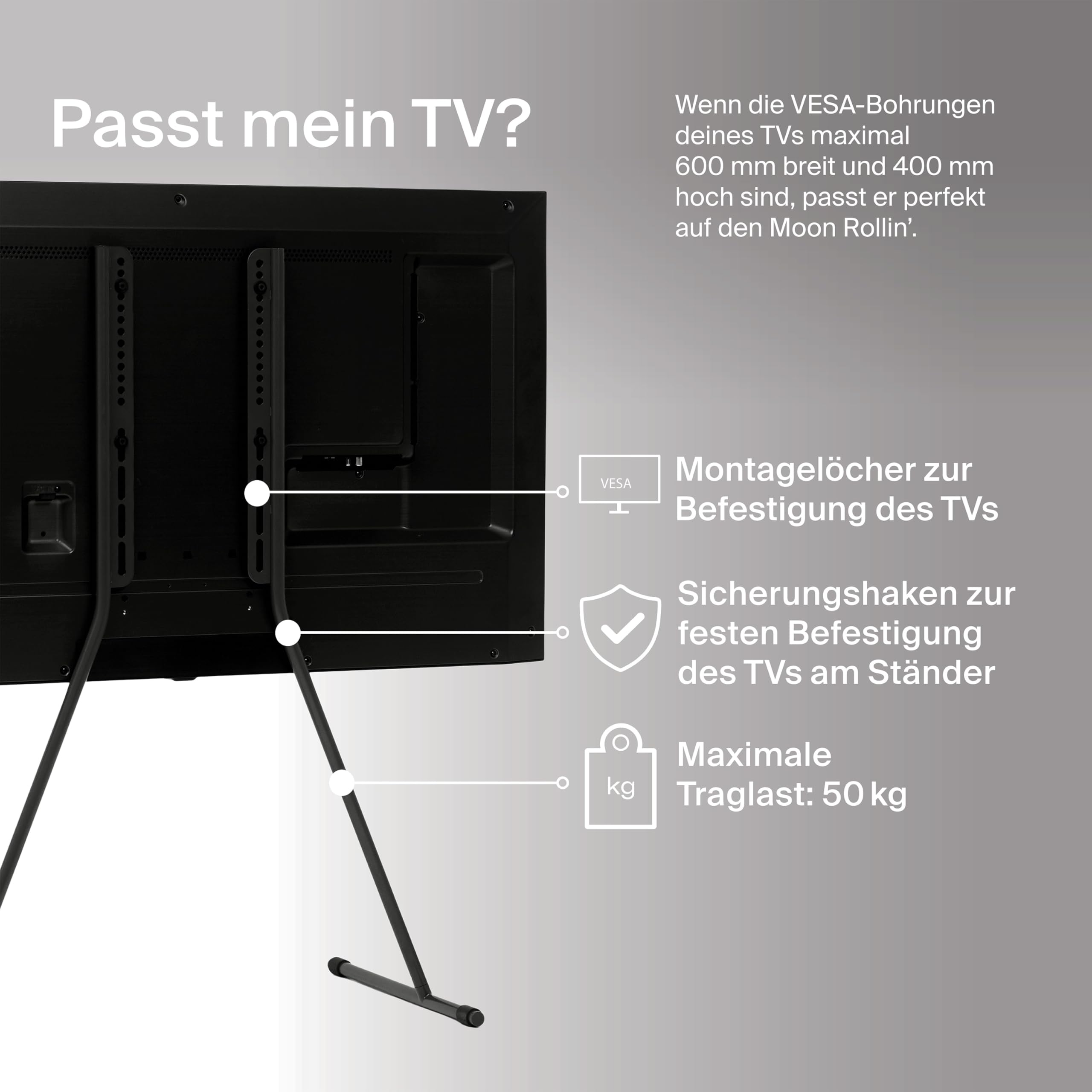 Pedestal Viva TV - Supporto per TV da 40 a 70 pollici, design moderno, robusti piedini per TV in acciaio, elegante base per TV con gambe inclinate e piedini arrotondati (nero)