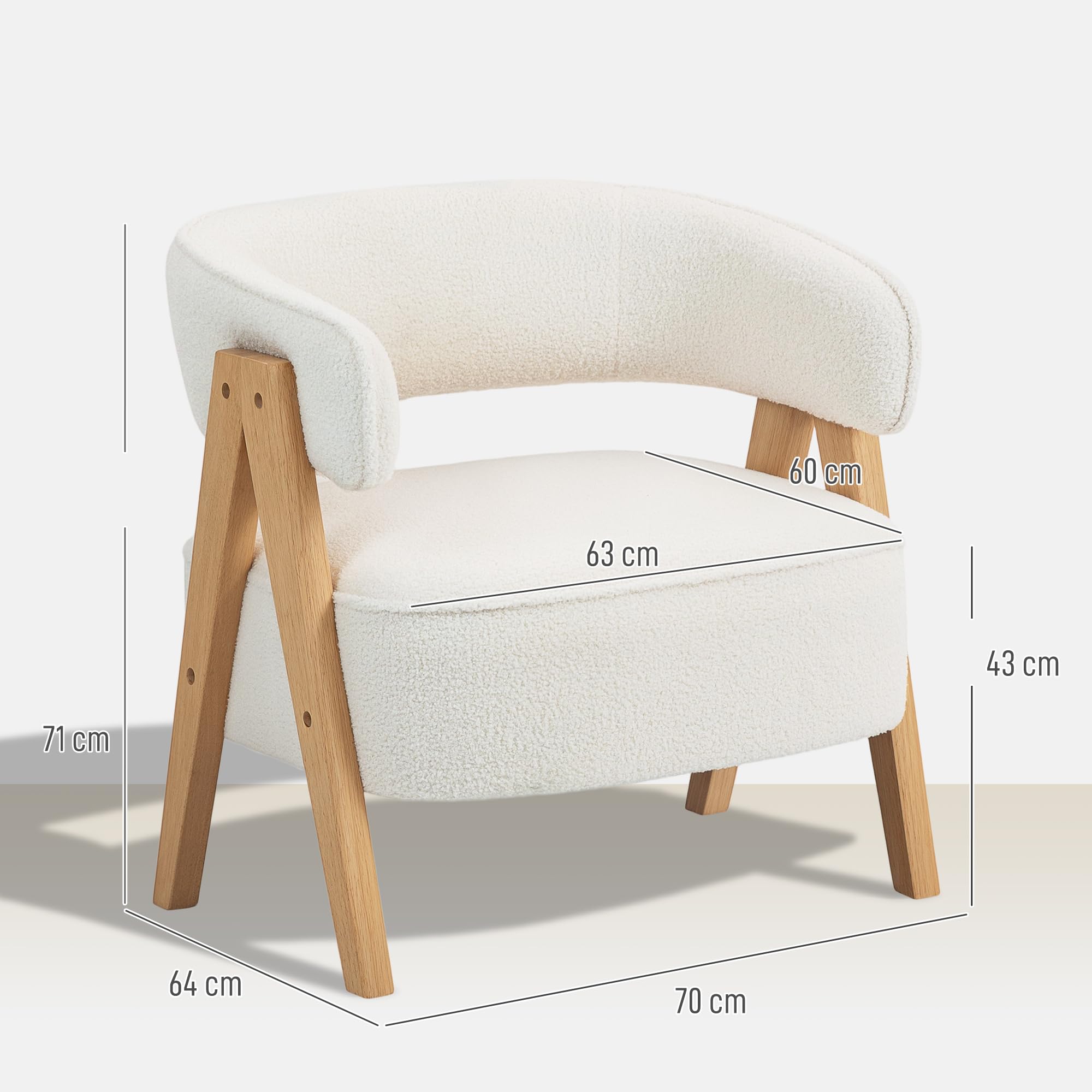 HOMCOM Fauteuil de Salon Rembourré en Tissu Bouclette Assise Large Blanc | Dossier Ergonomique, Accoudoirs, Pieds en Bois Massif et Structure en Acier, Fauteuil de Chambre, Salon, Bureau