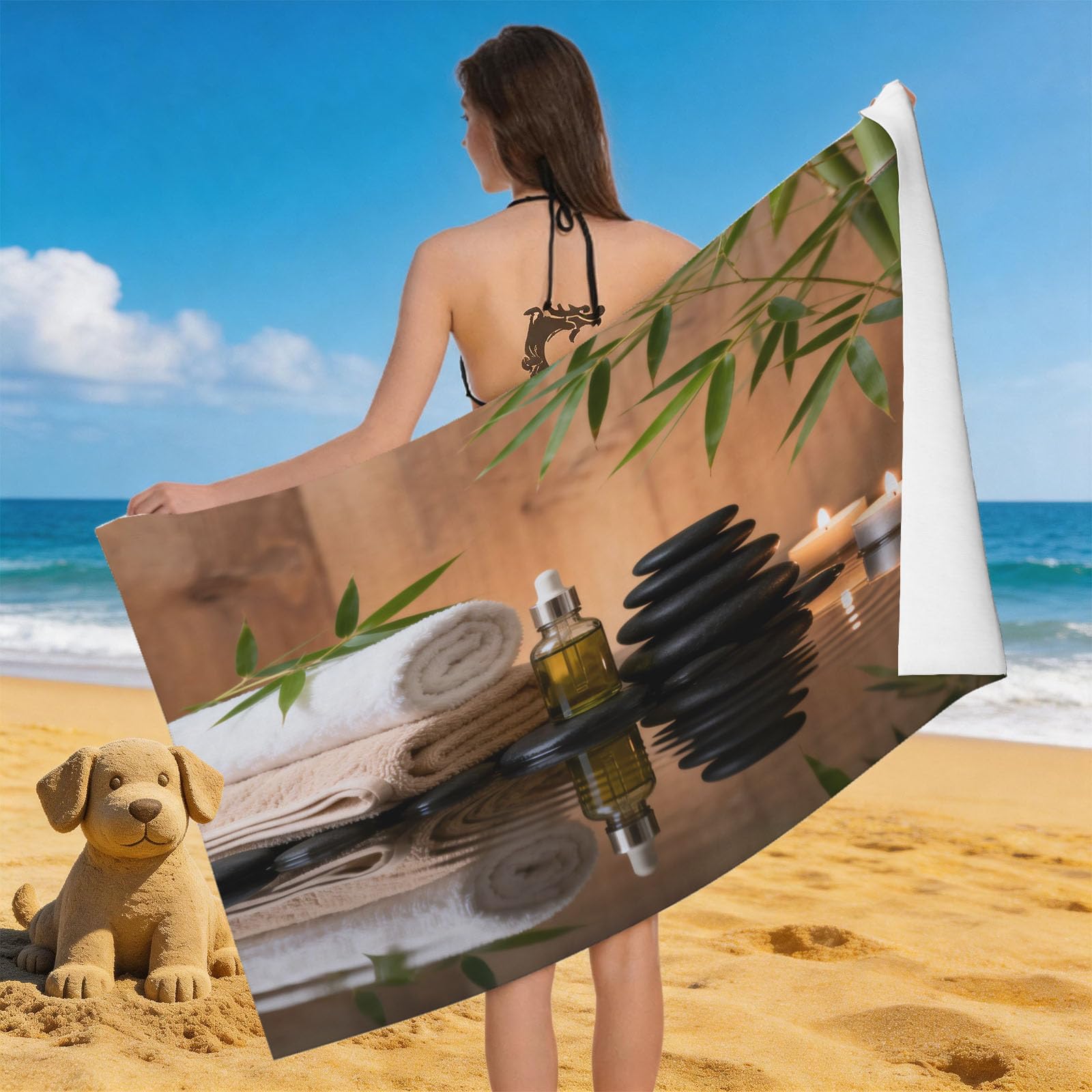 Leichong 3D Zen Beach Towel Microfiber Soft Quick Dry for Adults, Minimalistic Bath Towel Lightweight Soft Absorbent for Travel Swimming Pool Sports, 75 x 150 cm