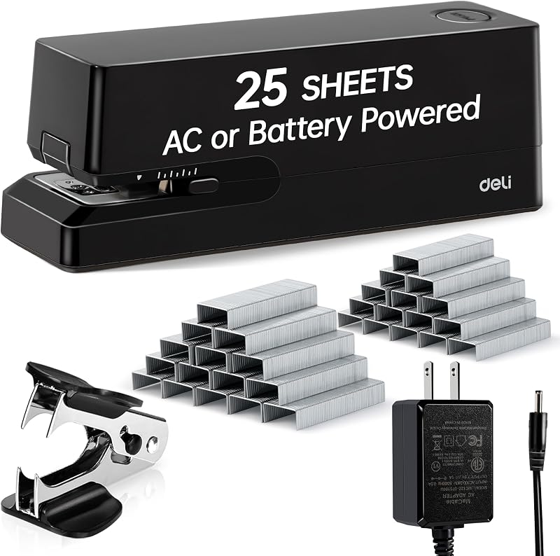 Grapadora Eléctrica, Grapadoras Automáticas para Escritorio, Capacidad de 25 Hojas | con 2000 grapas y quitagrapas, grapadoras sin atascos, alimentadas por CA o por batería para oficina, hogar, escuela, negro