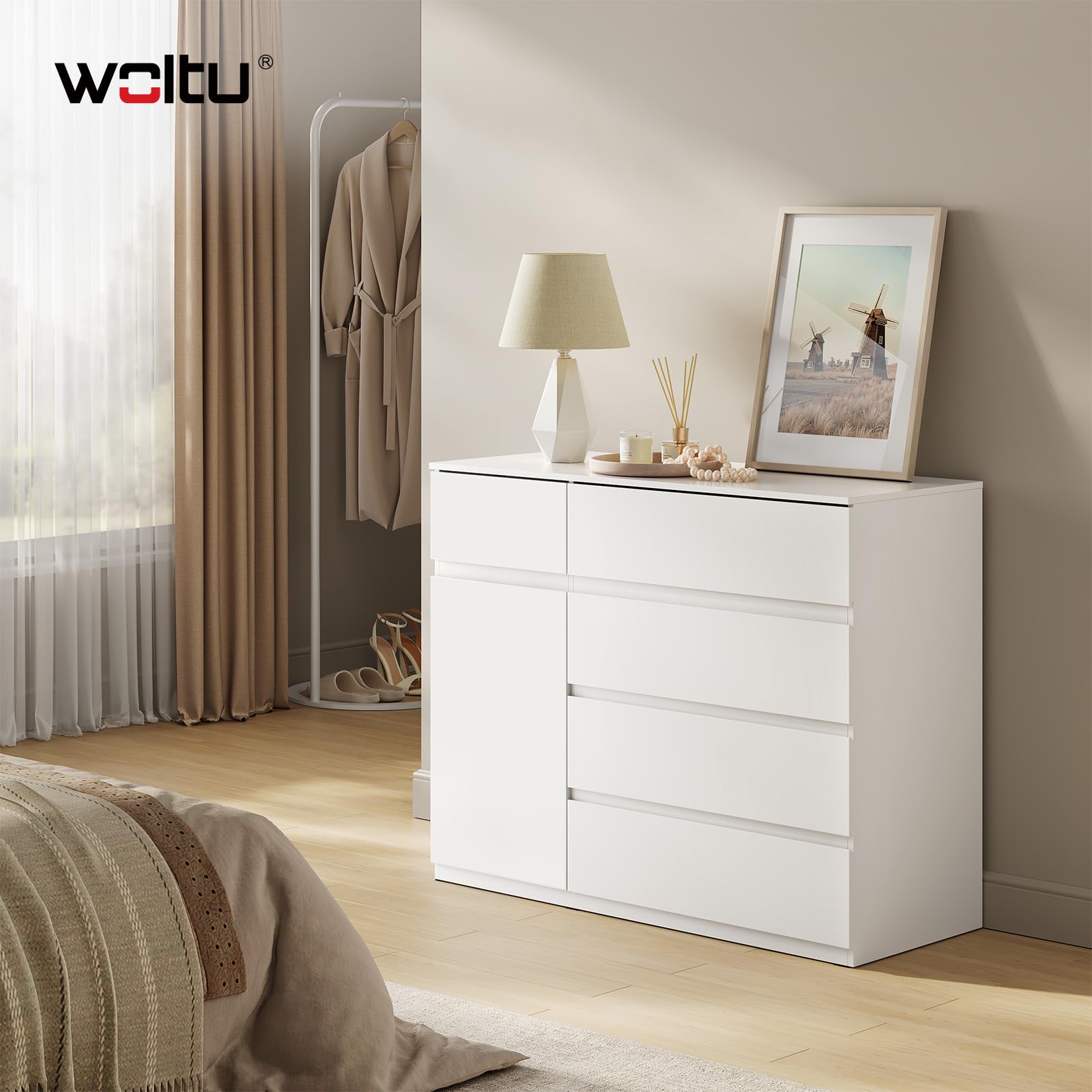 WOLTU Cassettiera Camera da Letto, Mobiletto Salvaspazio con 5 Cassetti e 1 Armadietto, Ripiano Regolabile, per Soggiorno, Ingresso, 100x40x80 cm, Bianco