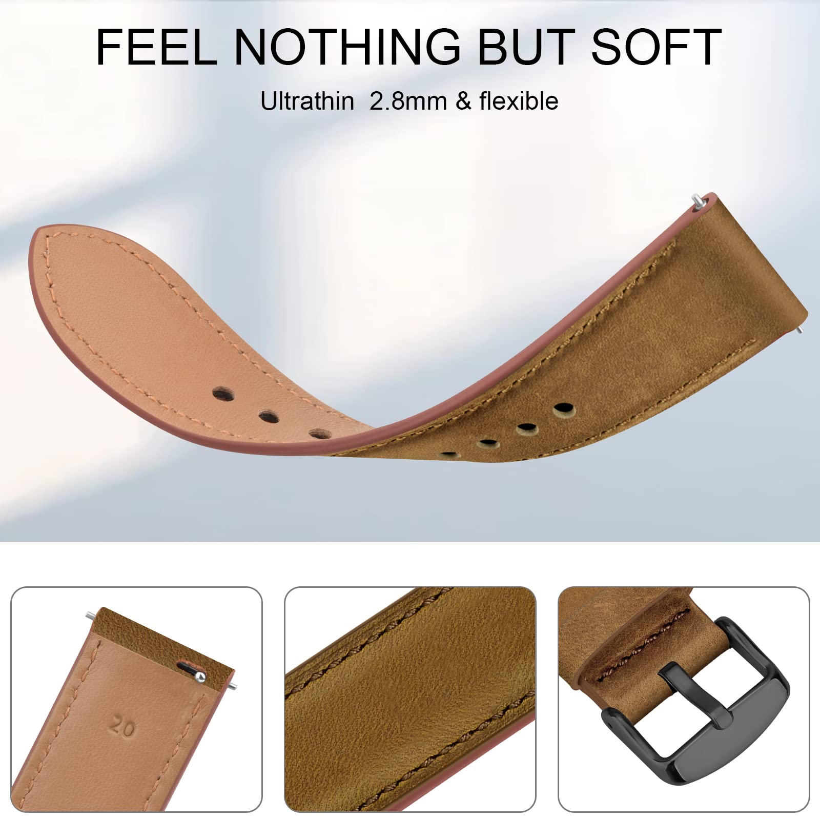 Leather Band for Garmin Venu Sq/Sq 2 Music, Vivoactive 3/3 Music, Forerunner 55/645/245, Vivomove HR, Instinct 2S, Fenxi 7S - Image 3