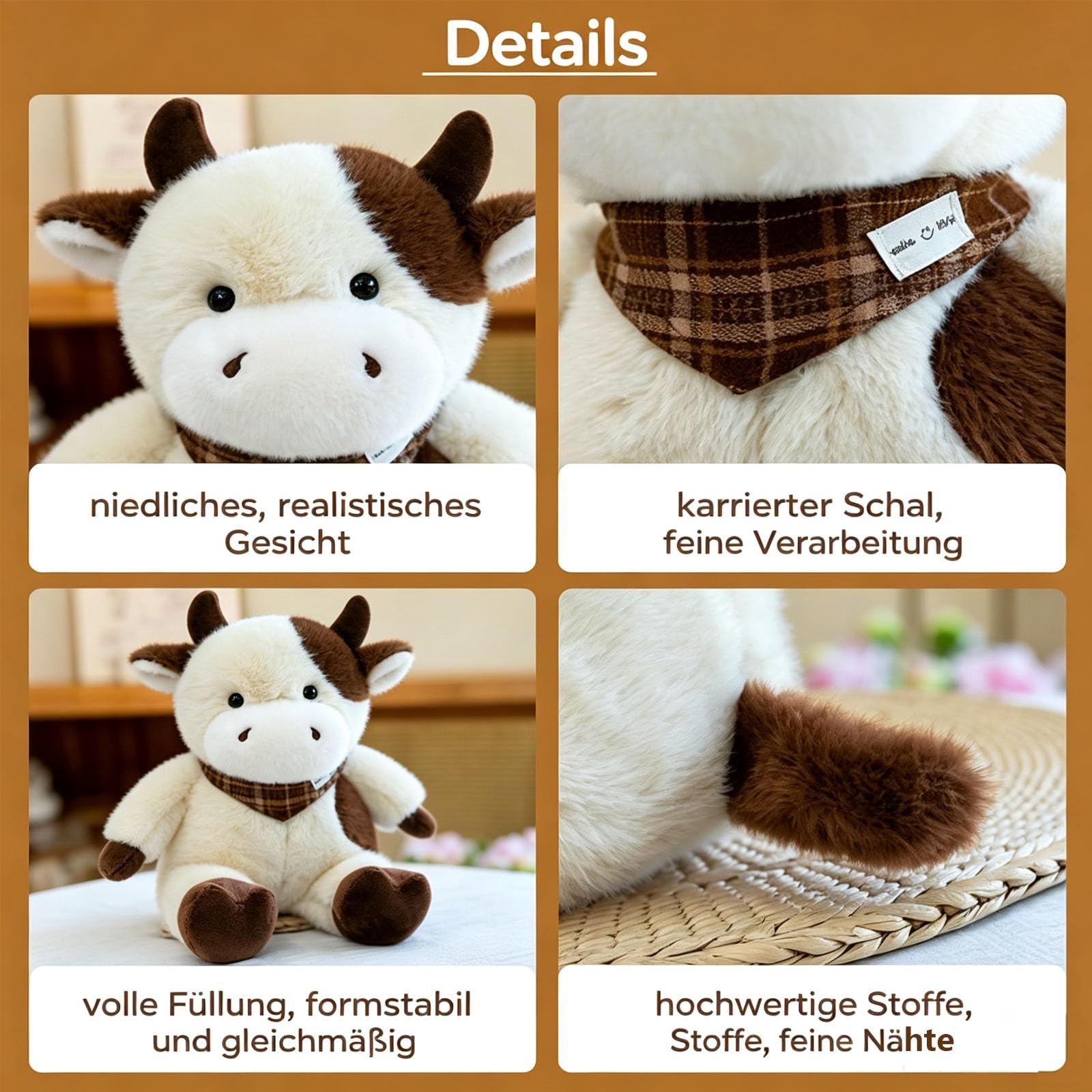 Kuschelige Kuh Aus Weichem Plüsch, Plüschtier Kühe mit Schal, Kuh Stofftiere zum Kuscheln und Spielen, Milchkuh Plüsch Spielzeug Geschenke für Erwachsene und Kinder (Weiß,60cm)