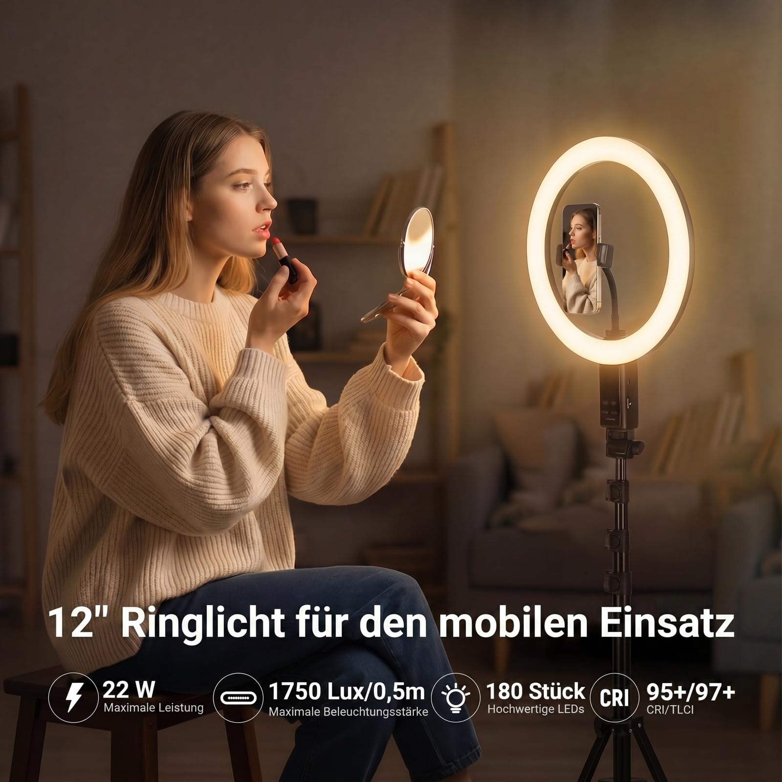 NEEWER 12" Selfie Ringlicht mit App Steuerung/Fernbedienung/Stativ, 3200mAh, zweifarbige LED, CRI 95, 2900K–7000K, Ring Light kreisförmige Leuchte, kompatibel mit iPhone, Vlog, Makeup, Studio, RB12B