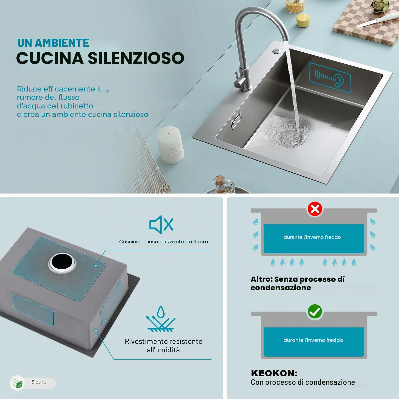 Lavello 60 x 50 cm, KEOKBON Nanoargento Lavello Cucina Acciaio Inossidabile 1 Vasca, lavello in acciaio inossidabile con foro per rubinetto, Lavello Cucina incl. filtro di scarico e istruzioni di