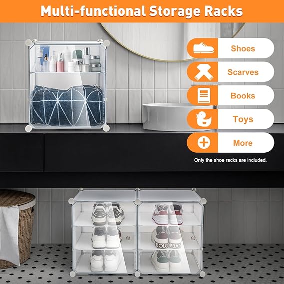 Shoe Rack Organizer, 12-Tiers Portable Shoe Rack Organizer with Door 96 Pairs Stackable Shoe Storage Cabinet Stand, Transparent Plastic Storage Boxes for Heels, Boots, Slippers