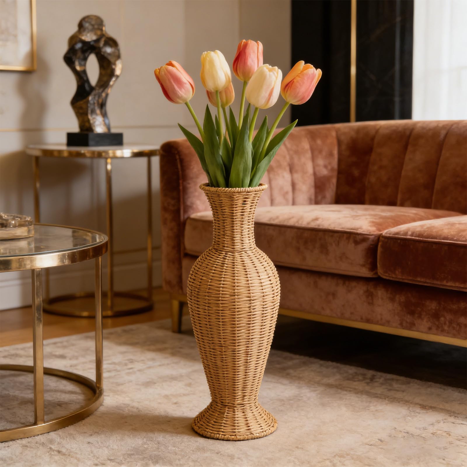 Jarrón de Suelo Alto de Imitación Ratán para Flores Secas y Pampas Decoración Hogar Estilo Campestre Moderno