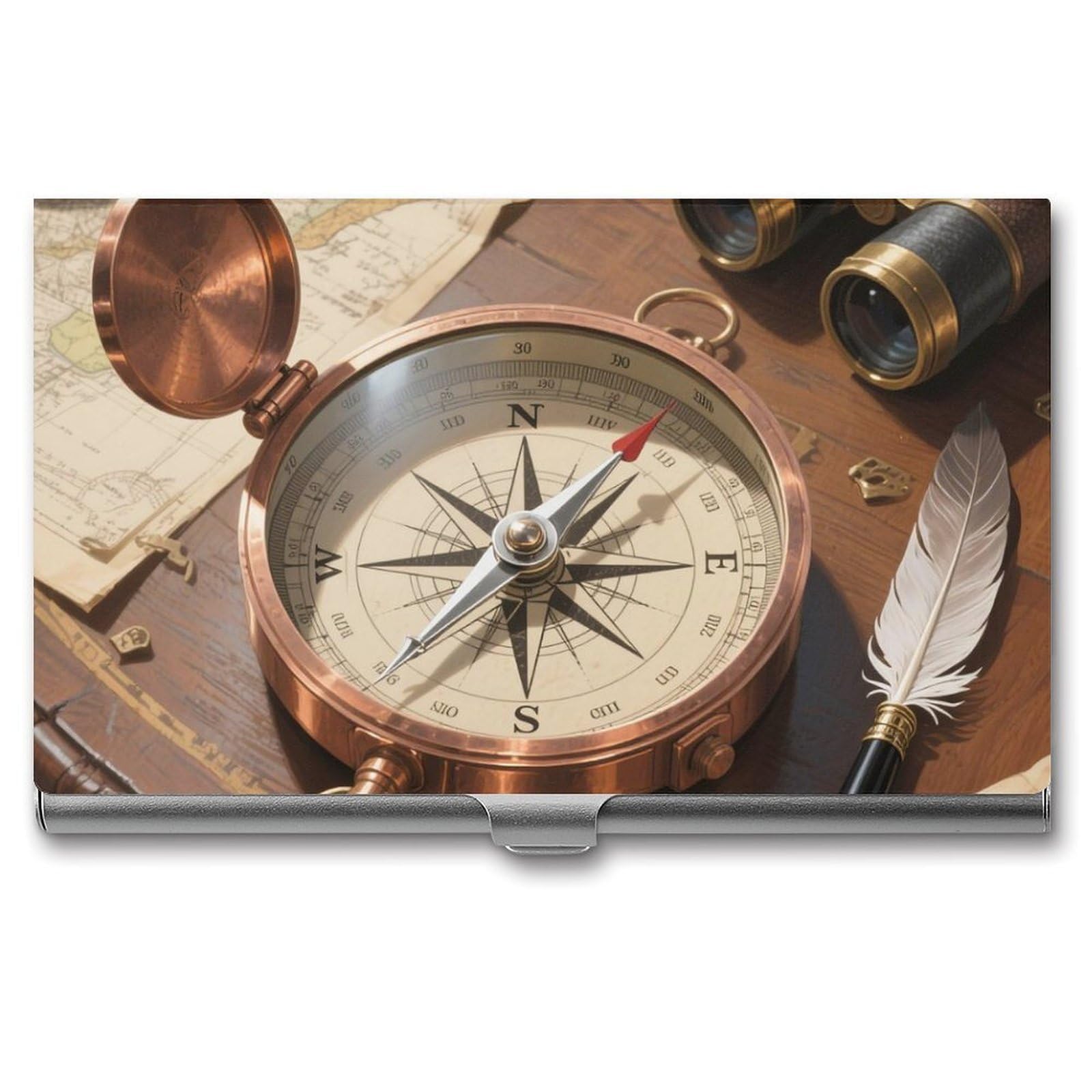 DWVTSLH Compass Business Card Holder, Slim Portable Metal Business Card Case Pocket Wallet Professional Name Cards Holder for 22-30 Cards, Credit Card ID Case/Holder for Men Women