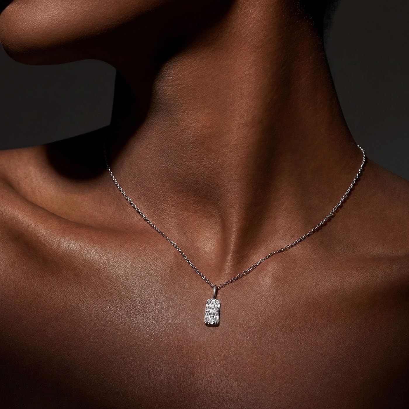 Sterling Silver Cubic Zirconia Rectangle Pendant Necklace for Women - Rhodium Plated Geometric CZ Necklace with Baguette and Princess Cut Stones - Image 2