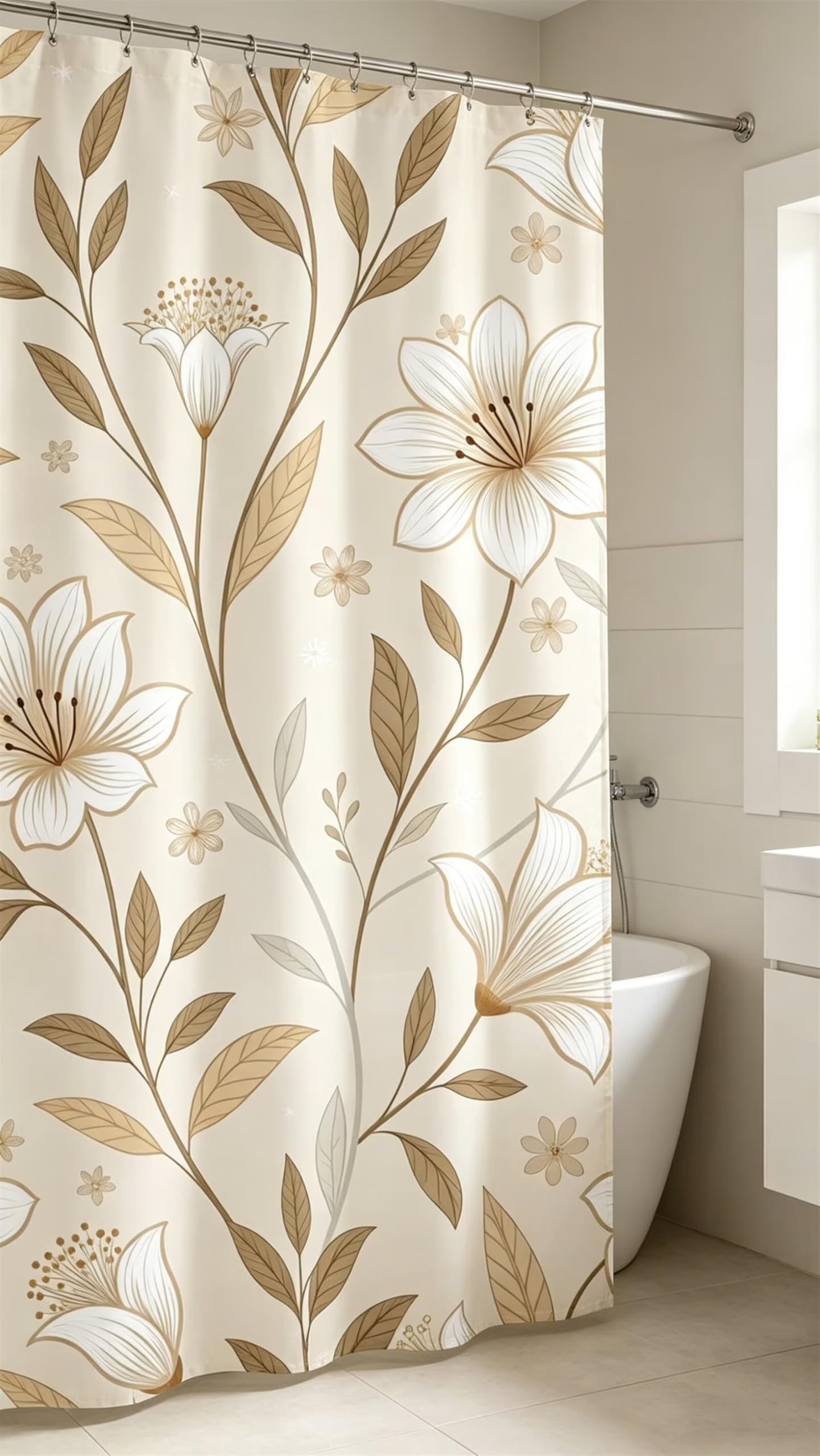 Rideau de Douche Anti-Moisissure en Tissu Imperméable,rideau de Baignoire Antibactérien Lavable avec 16 Crochets,Polyester de Qualité Supérieure pour Salle de Bain,300 x 200 cm,Fleurs beige-brun