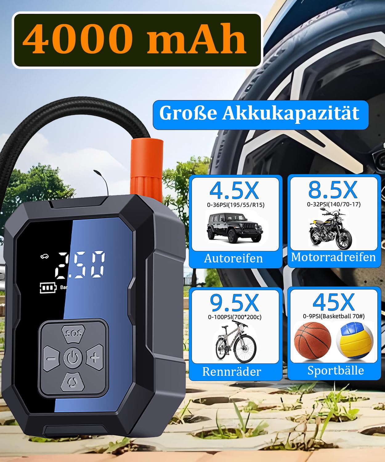 AI Ultra Reifenpumpe 150 PSI Akku Kompressor Elektrische Luftpumpe Auto fahrradpumpe SUP Sprachassistenz Digitalanzeige Powerbank LED SOS Schnellladung mini Kompressor Schlauchboote Zelte Kite Wings
