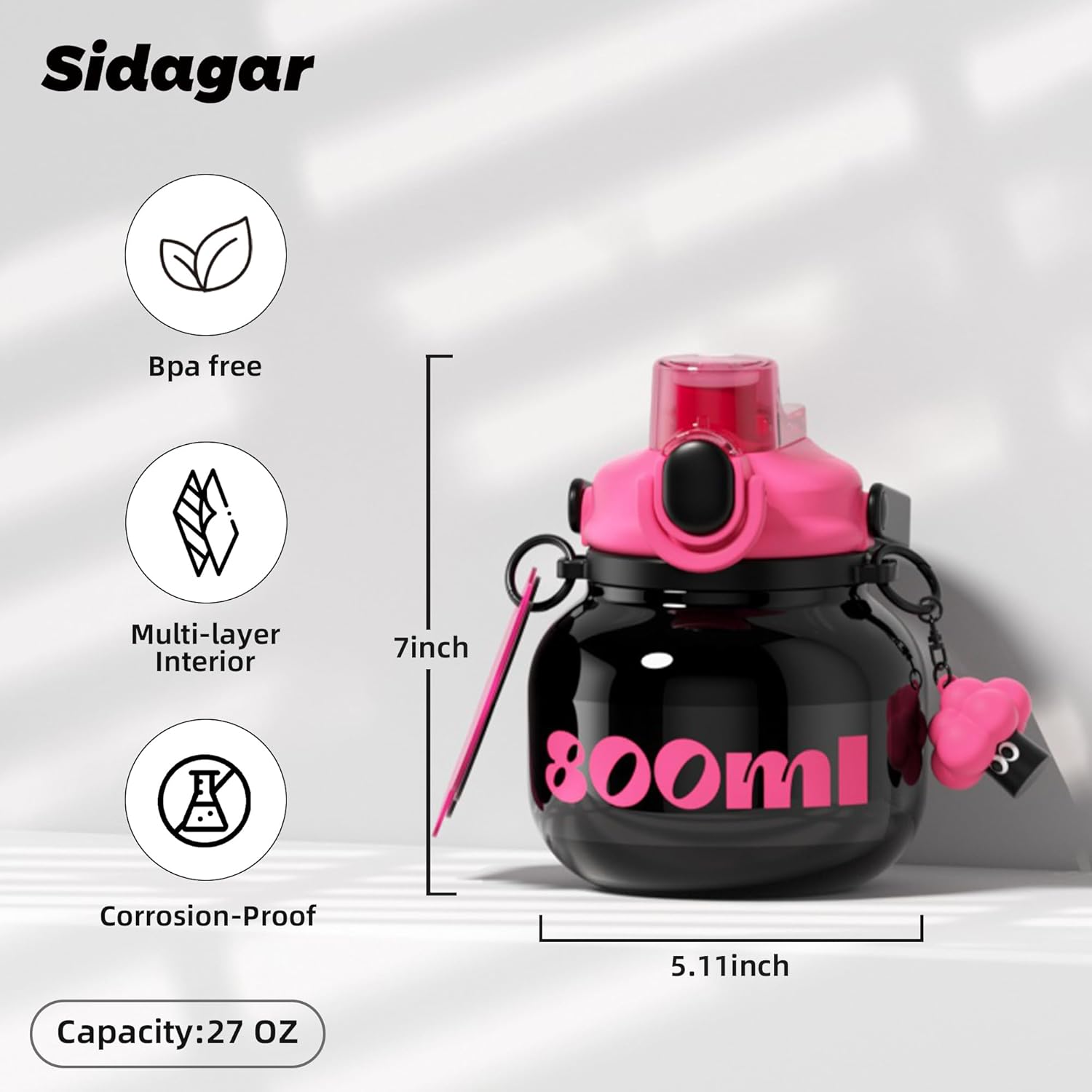 27 oz Water Bottle with Straw and Carry Handle, Black Wide Mouth Vacuum Insulated Stainless Steel Bottles Easy Carry Tumbler for Women - Image 2