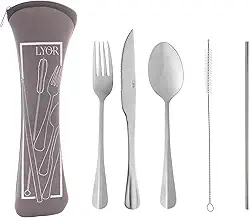 Conjunto 6 Peças Estojo de Neoprene Cinza com 3 Talheres Positano Canudo e Escovinha - Lyor