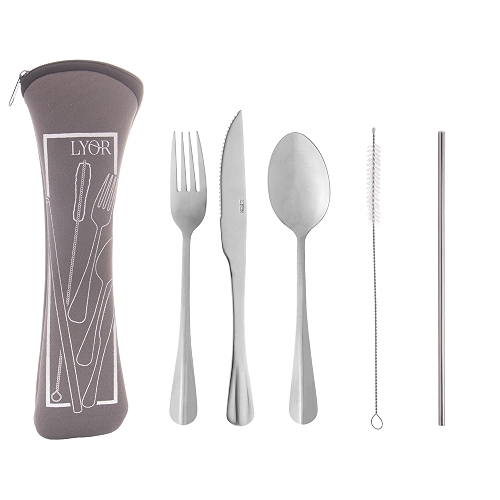 Conjunto 6 Peças Estojo de Neoprene Cinza com 3 Talheres Positano Canudo e Escovinha - Lyor