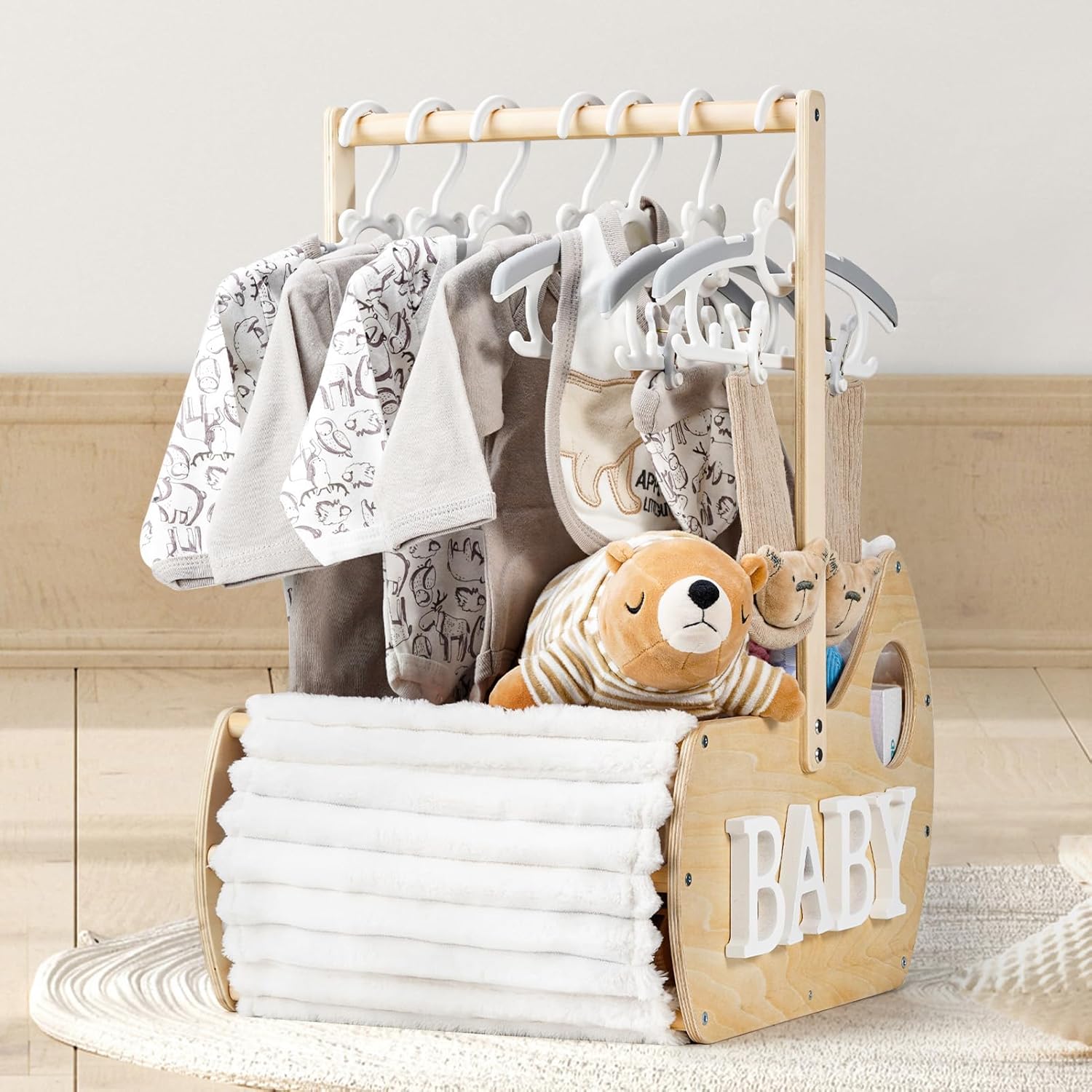 Large Wooden Baby Shower Crate Closet, Cradle Shaped Baby Shower Basket with Handle, Welcome Gift Basket for Newborn Baby Boys Girls Nursery, Pregnancy Gifts for New Mom Parents