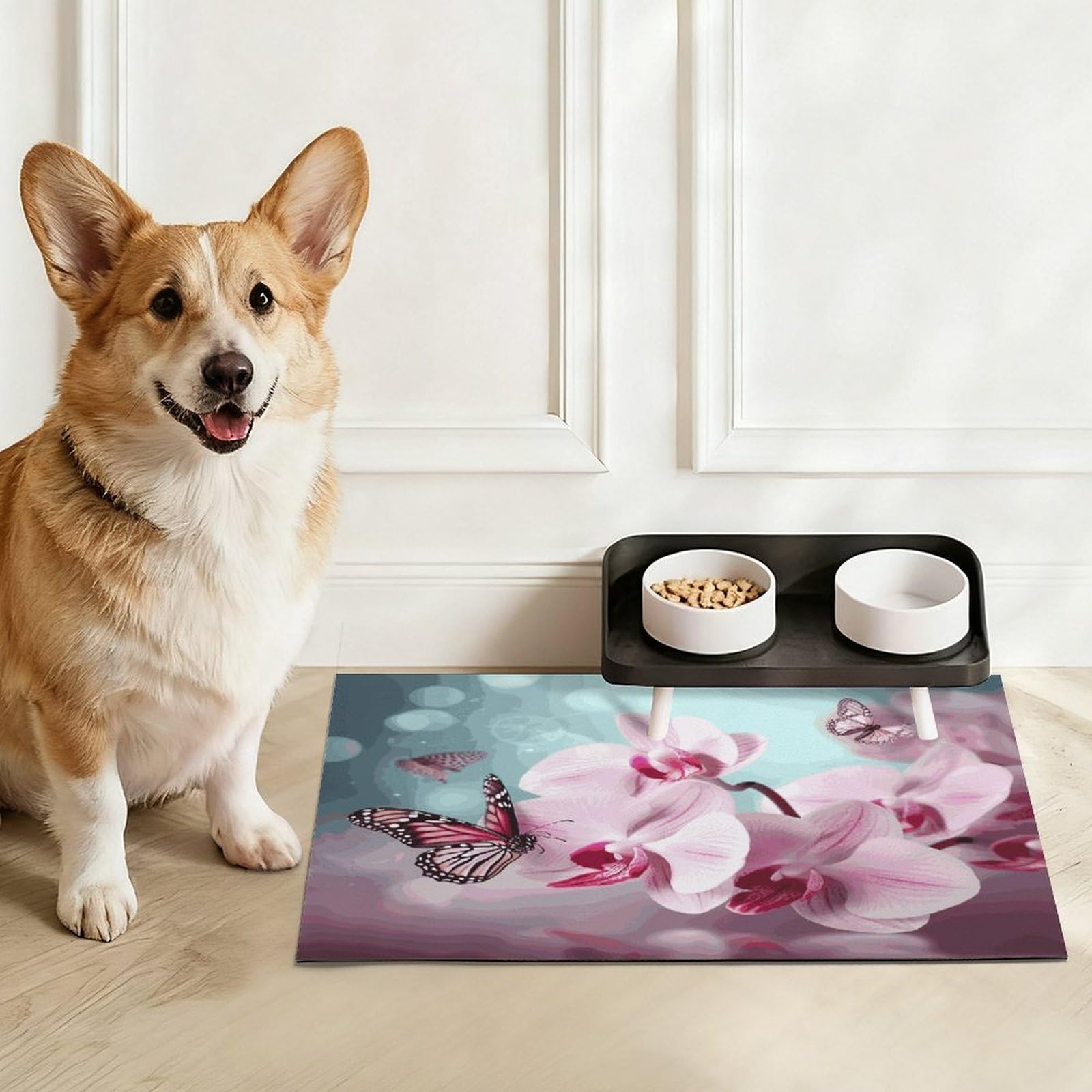 Tapis de nourriture pour chat avec fleur d'orchidée, papillon - Tapis d'alimentation antidérapant - Facile à nettoyer pour la nourriture et l'eau - 43,2 x 76,2 cm
