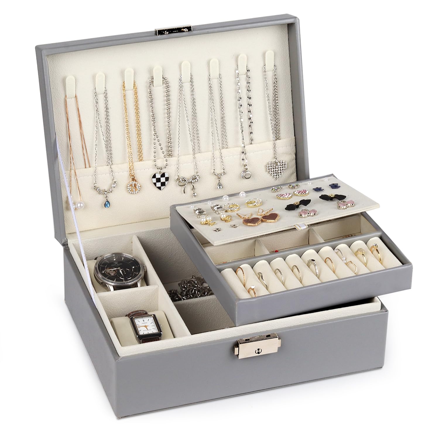 LeerweiiLeerweii Jewellery Box for Women Girls, 2-Layer PU Leather Jewellery Organiser with 2 Watch Pillows Travel Jewellery Box with Removable Tray for Earrings Rings Necklaces Watches Bracelets, Grey