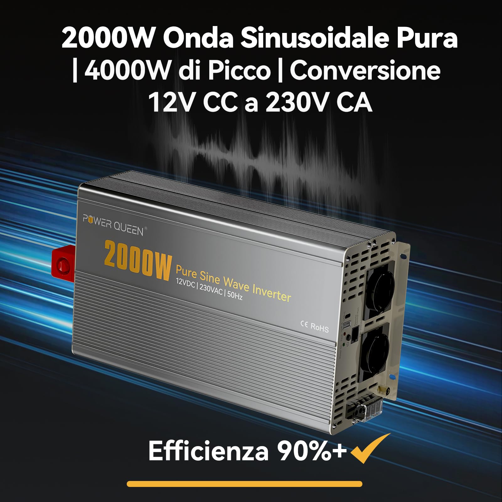 Power Queen Inverter da 2000 W, sinusoidale puro da 12 V su 230 V, con display LCD + telecomando, 2 prese AC, connettore USB + Tycp-C, inverter di potenza solare per camper, campeggio, barca