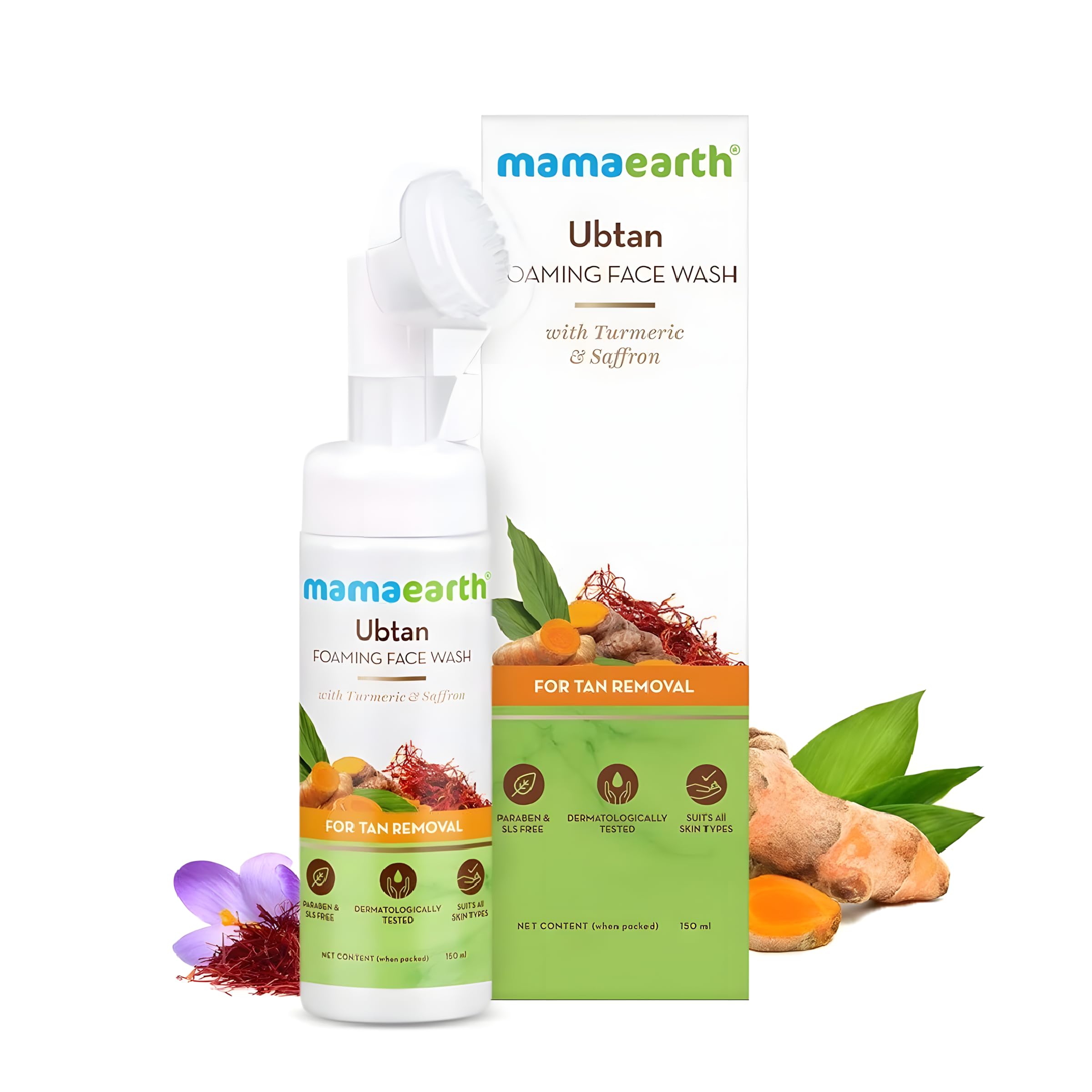 Ubtan Foaming Face Wash with Brush with Turmeric & Saffron for Tan Removal – 150ml