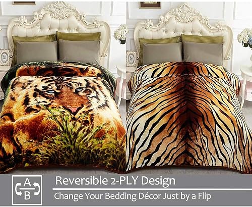 Miniatura 3 de JYK Manta coreana de vellón de visón sintético de 83 x 91 pulgadas, 5.7 libras, 2 vistas reversibles, suave y cálida, franela afelpada (tigre,