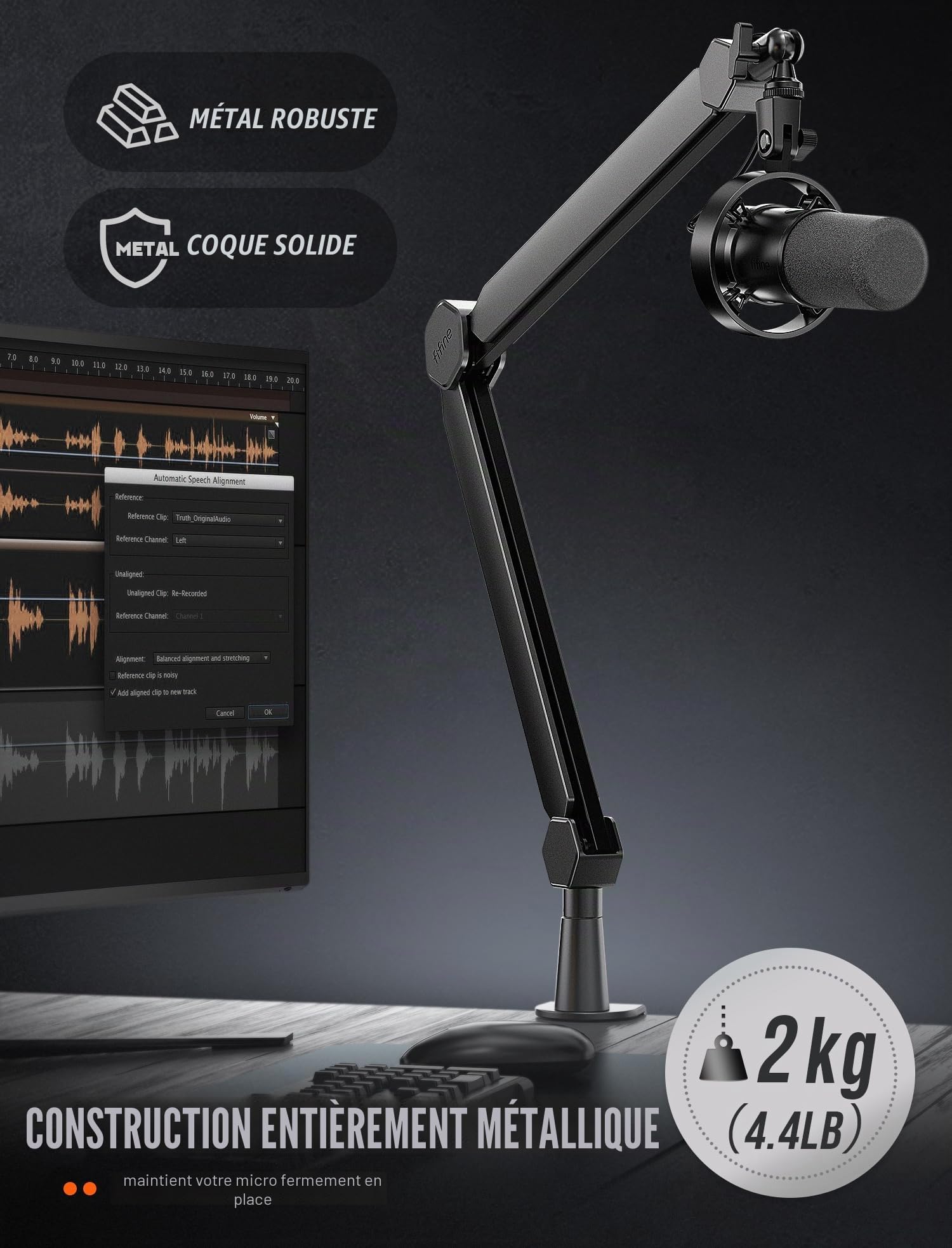 FIFINE BM66 Bras de micro avec canal de gestion des câbles, entièrement réglable, support de micro en métal robuste avec pince de fixation de bureau pour enregistrement de podcast, bureau à domicile