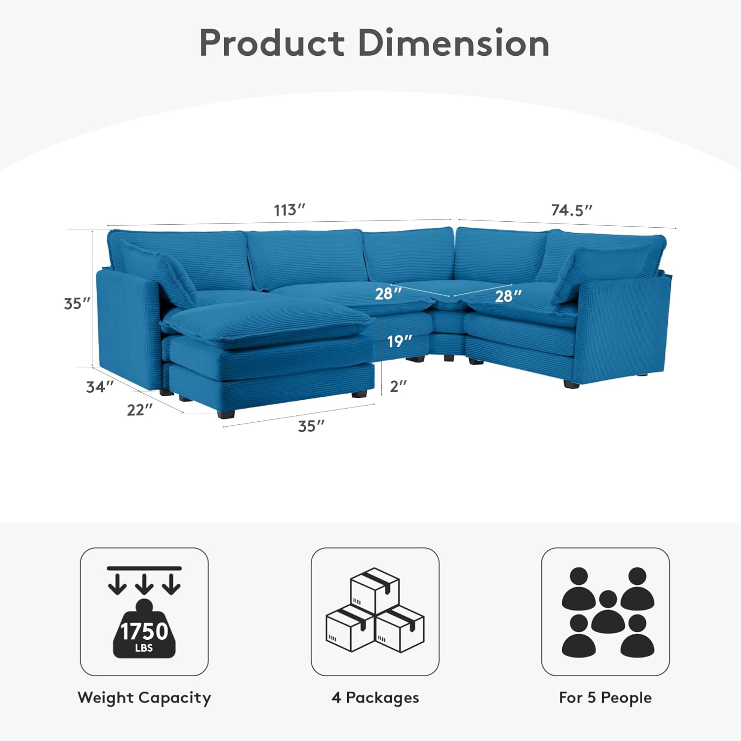 Diagram illustrating the dimensions of the ROWHY 113-inch Modular Sectional Cloud Couch, including length, width, height, and seat depth.