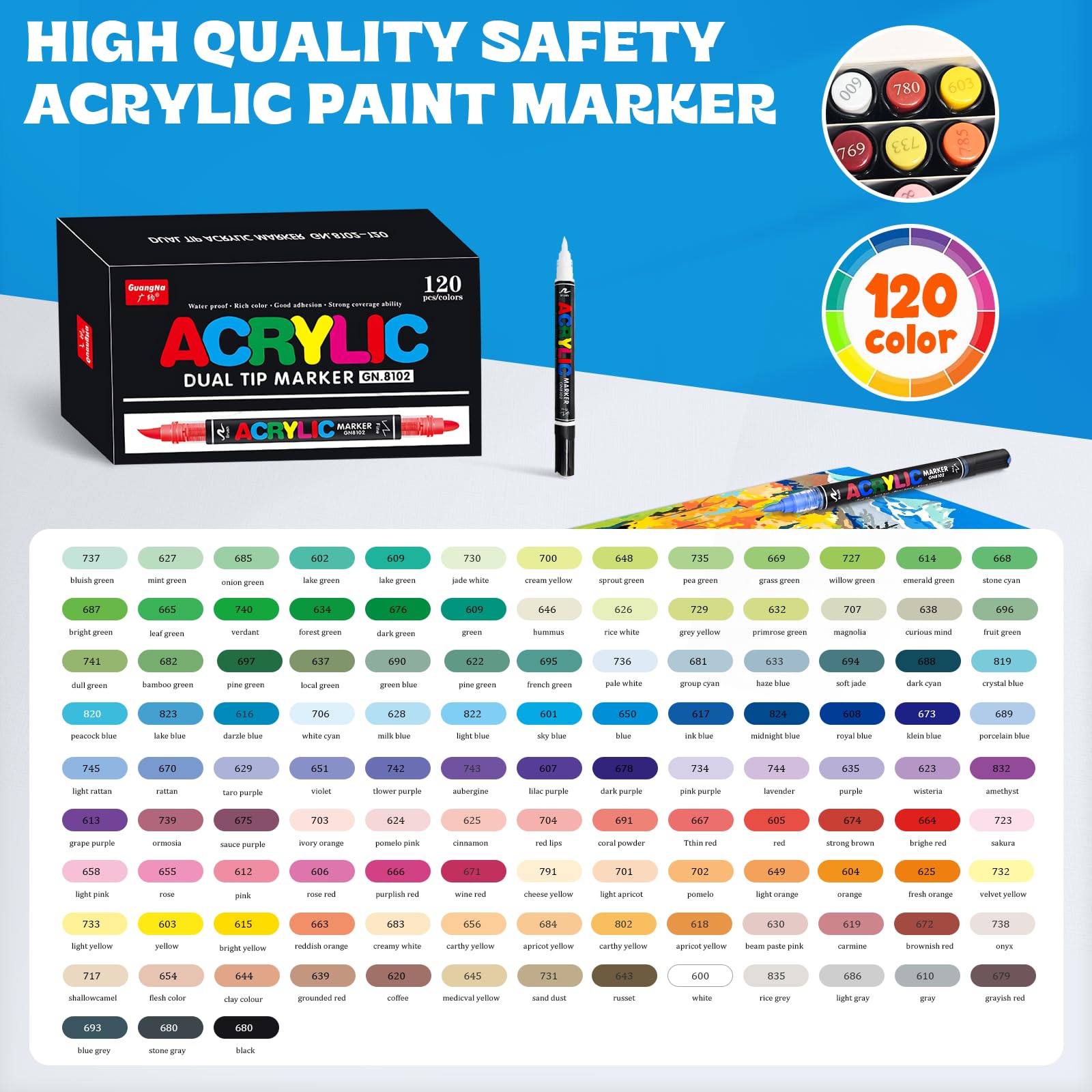 Vakki 120 Acrylstifte für steine wasserfest, Doppelspitze Acrylmarker, 4,0g Mega-Tintenvorrat Acrylic marker Acrylmarker Set Perfekt für Steine Bemalen, Glas, Holz, Keramik, Metall & Leinwand