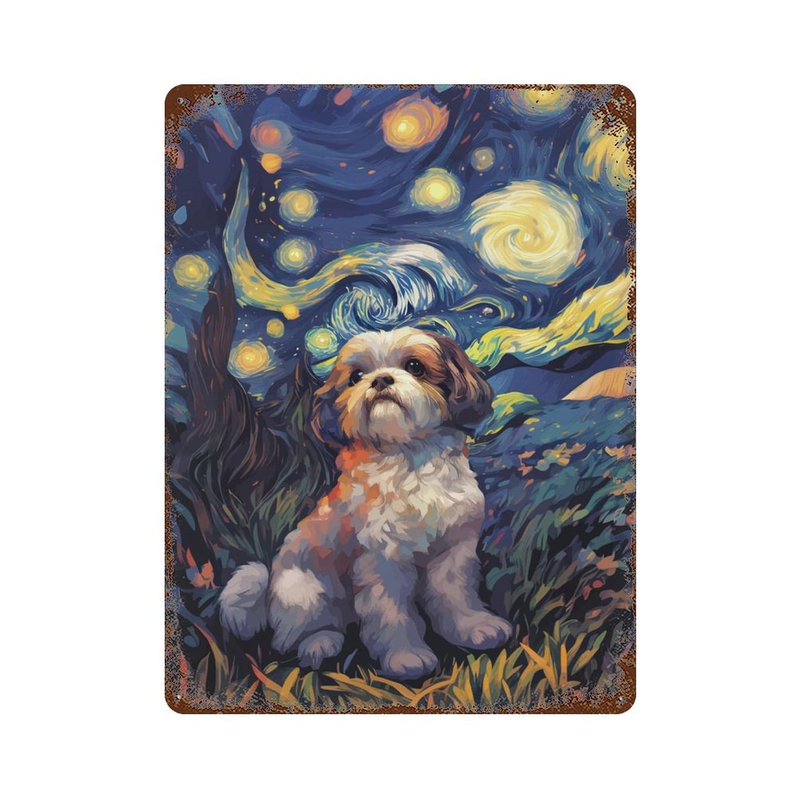 Starry Night Cute Shih Tzu Retro Metal Sign 15.7"x11.8", for Pub, Kitchen And Man Cave Decor, Industrial Home Decor