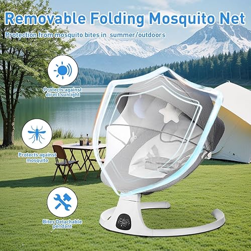 Miniatura 3 de Columpios eléctricos para bebés y niños pequeños con 5 velocidades y 3 posiciones de asiento, mosquetón de 5 puntos, con música Bluetooth, 10