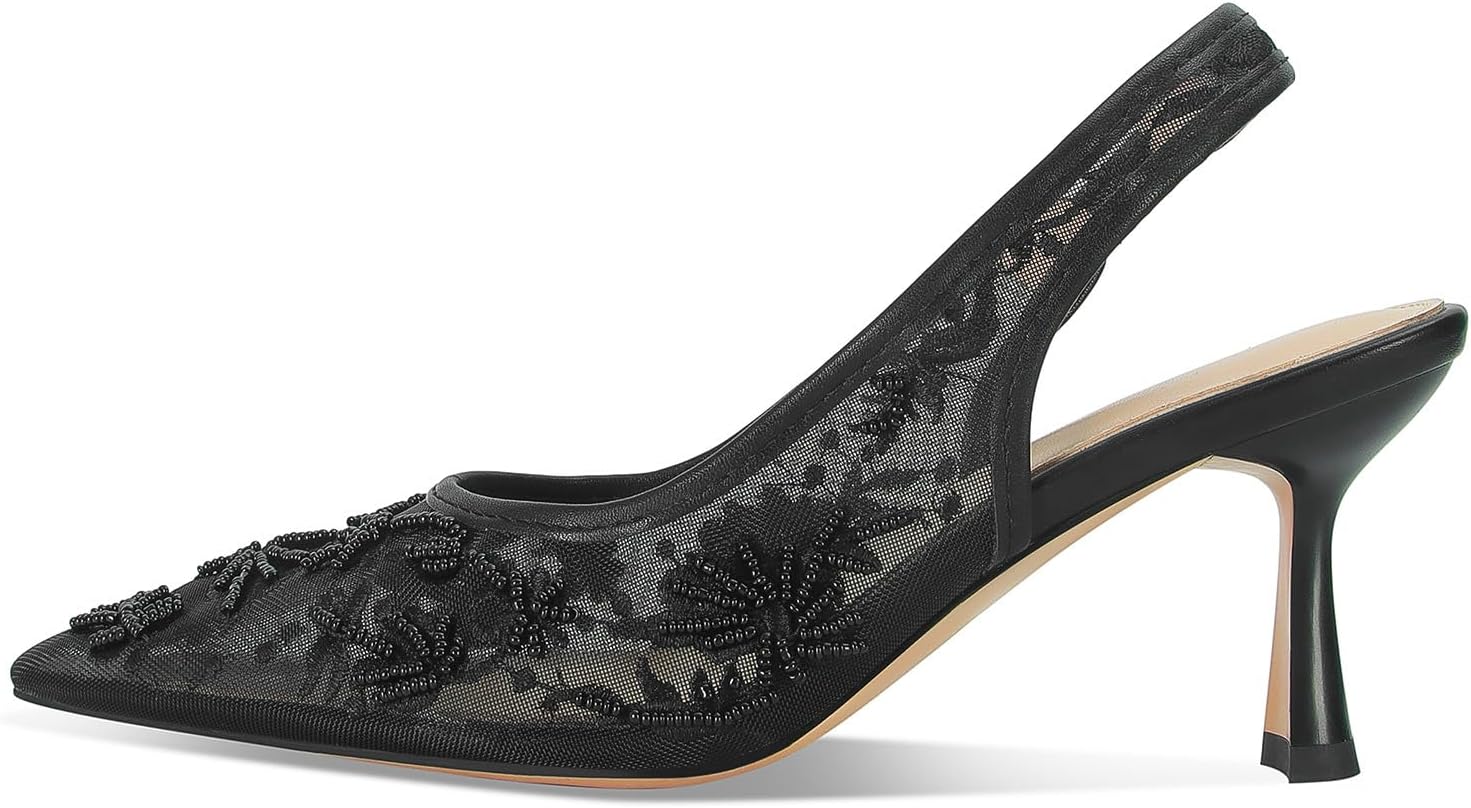 Lace Mesh Slingback Heels for Women Embroidered Kitten Heels Bridal Shoes Pointed Toe Wedding Pumps - Image 4