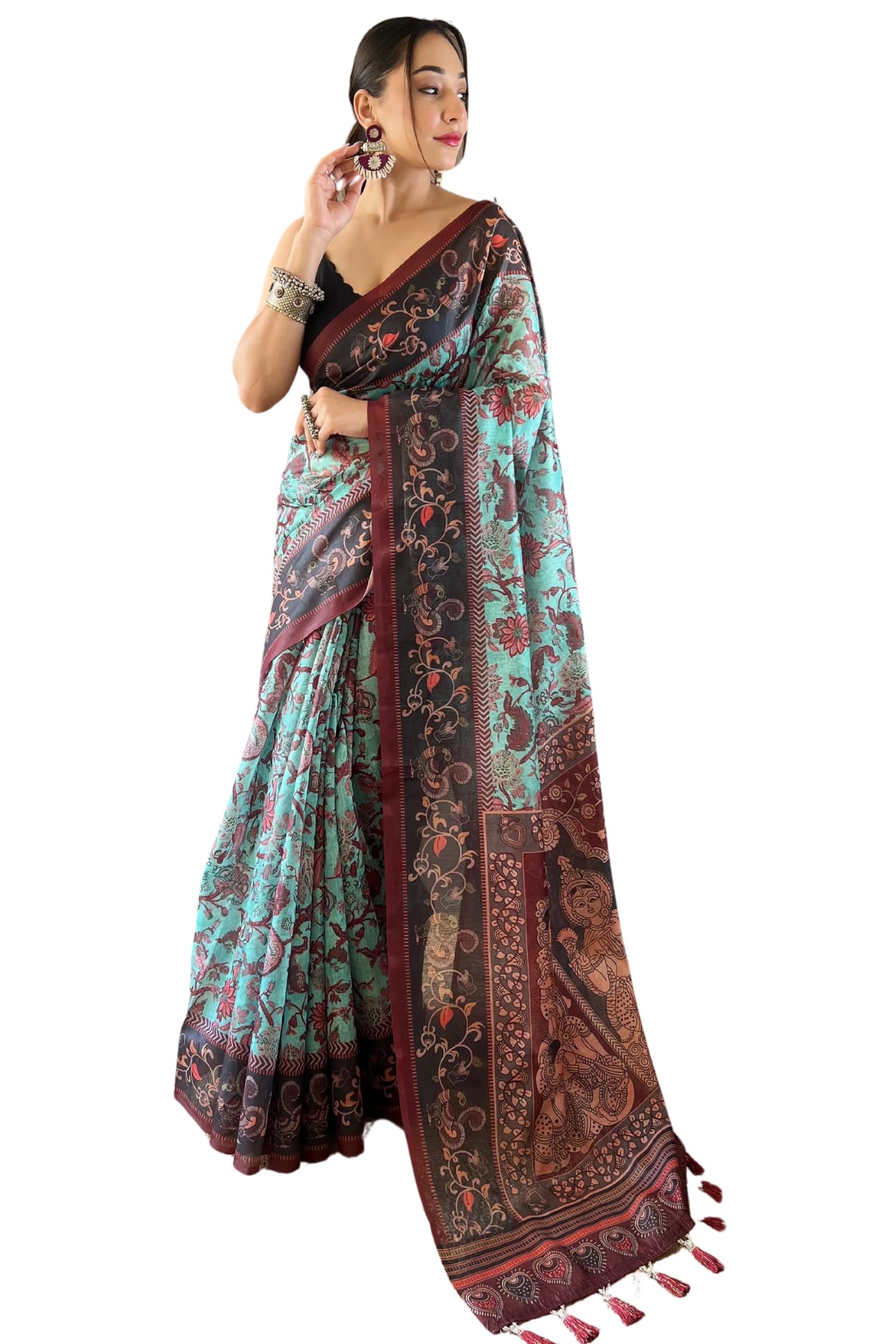 SGF11 Women's Kalamkari Cotton Linen Silk Saree With Blouse Piece