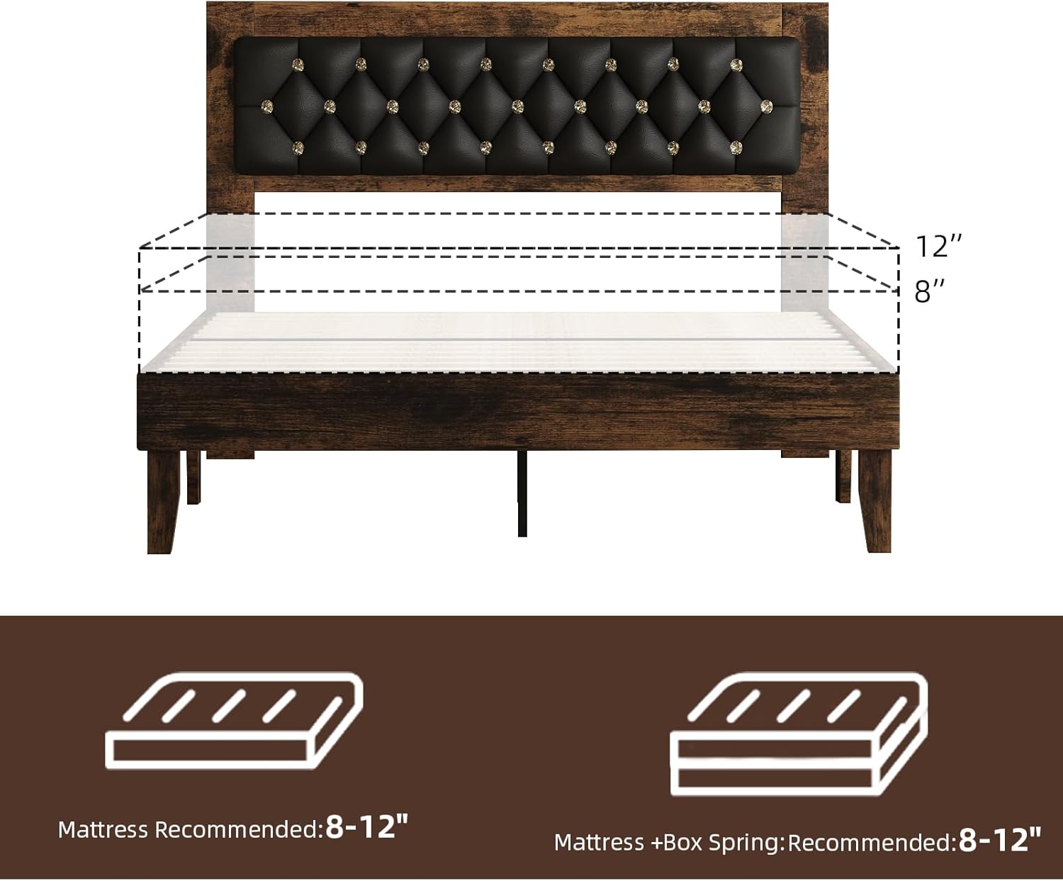 BarnFurin Full Size Bed Frame with Headboard, Upholstered Platform Bed Frame with Diamond Design,Vintage Style, Strong Wooden Slat Support, No Box Spring Needed, Walnut