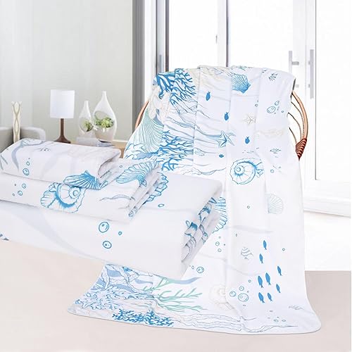 ASPMIZ Juego de 3 toallas de playa con toalla de baño, toalla de mano y toallita, toallas absorbentes con temática oceánica para adultos, toallas de