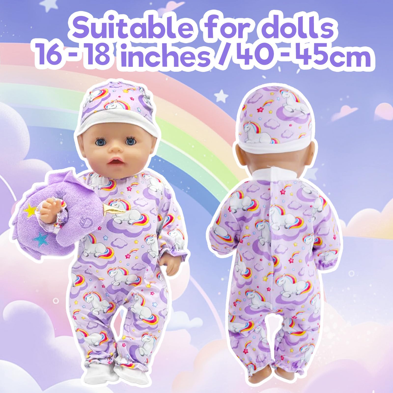 Baby Doll Clothes 16-18 Inch Dolls 43cm, Purple Pony Bodysuit Outfit with Hat, Hanger, Pillow, Eye Mask & Socks - Image 4