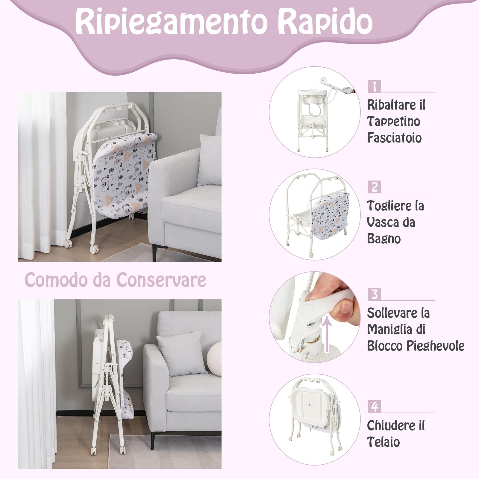RELAX4LIFE 2 in 1 Fasciatoio con Vaschetta Bagnetto per Neonato, Fasciatoio Pieghevole con 4 Ruote Bloccabili, Bagnetto per Neonati 0-12 Mesi, Carico 15KG (Bianco)