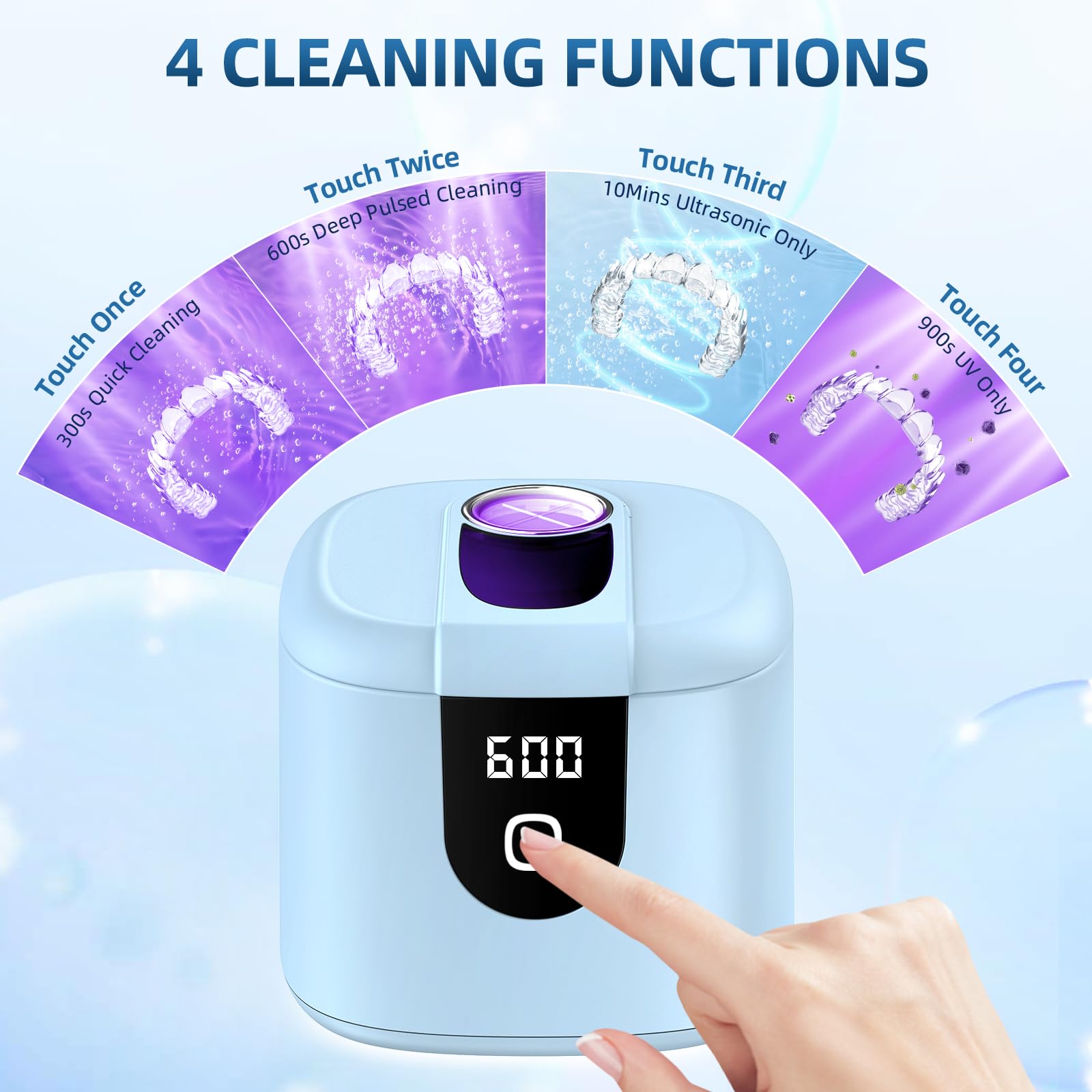 Ultrasonic Retainer Cleaner Machine, Upgraded 45kHz Ultrasonic Cleaner for Mouth Guard Braces, Night Guards, Toothbrush Heads & Jewlery with 200ML, 4 Modes and Digital Timer Dental Cleaning Pod（Blue） - 4