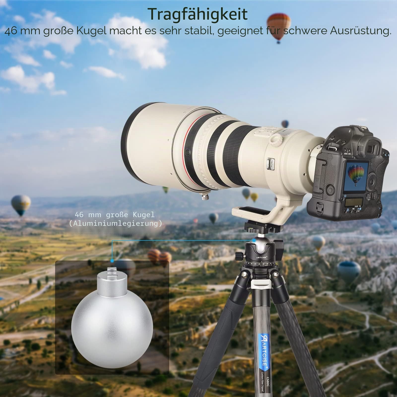 ARTCISE Niedriger Profil-Kugelkopf, 46 mm, 360°-Panorama-Metall-Stativkopf mit Arca-Schnellwechselplatte und 1/4 Zoll auf 3/8 Zoll Konvertierungs-Gewindeadapter für Stativschieber DSLR, maximale