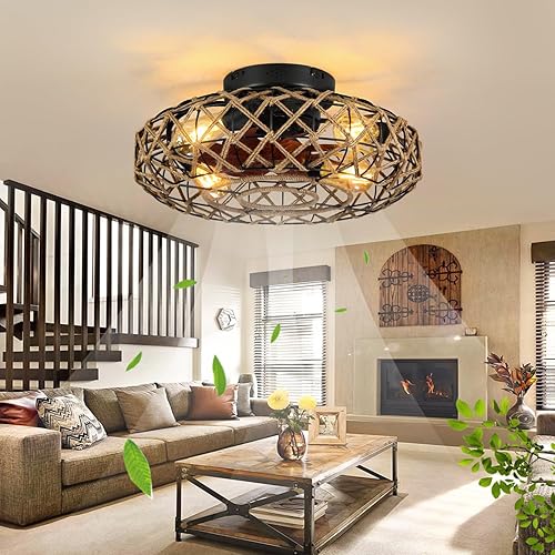 Miniatura 2 de Ventiladores de techo enjaulados de 20'' rústicos con luz y control remoto, de cuerda de cáñamo, hechos a mano con ratán, ventilador de techo