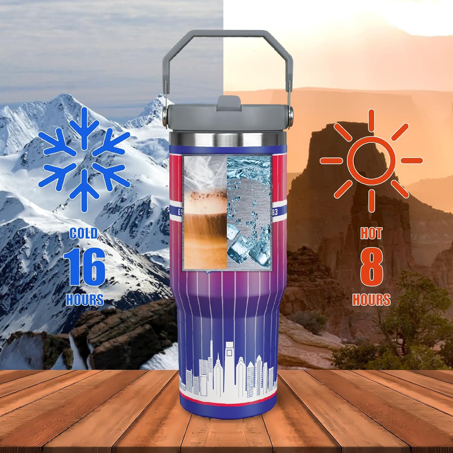 30oz Philadelphia Tumbler with Handle and Straw, Philadelphia Gifts for Men, Stainless Steel Vacuum Insulated Flip Straw Spill Proof Travel Mug Cup (1 Piece) - Image 2