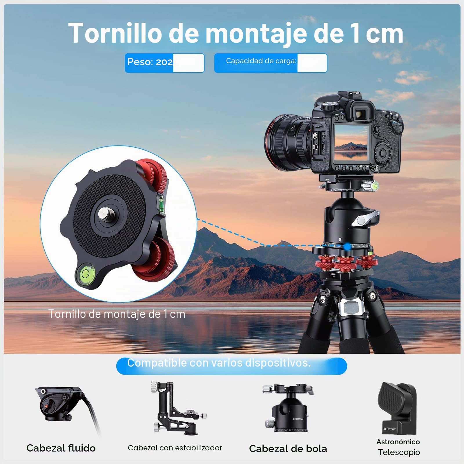 Nivelador de trípode con ajuste de precisión de +/-5 grados para cabezal panorámico, cabezal de bola, cabezal de video y trípode