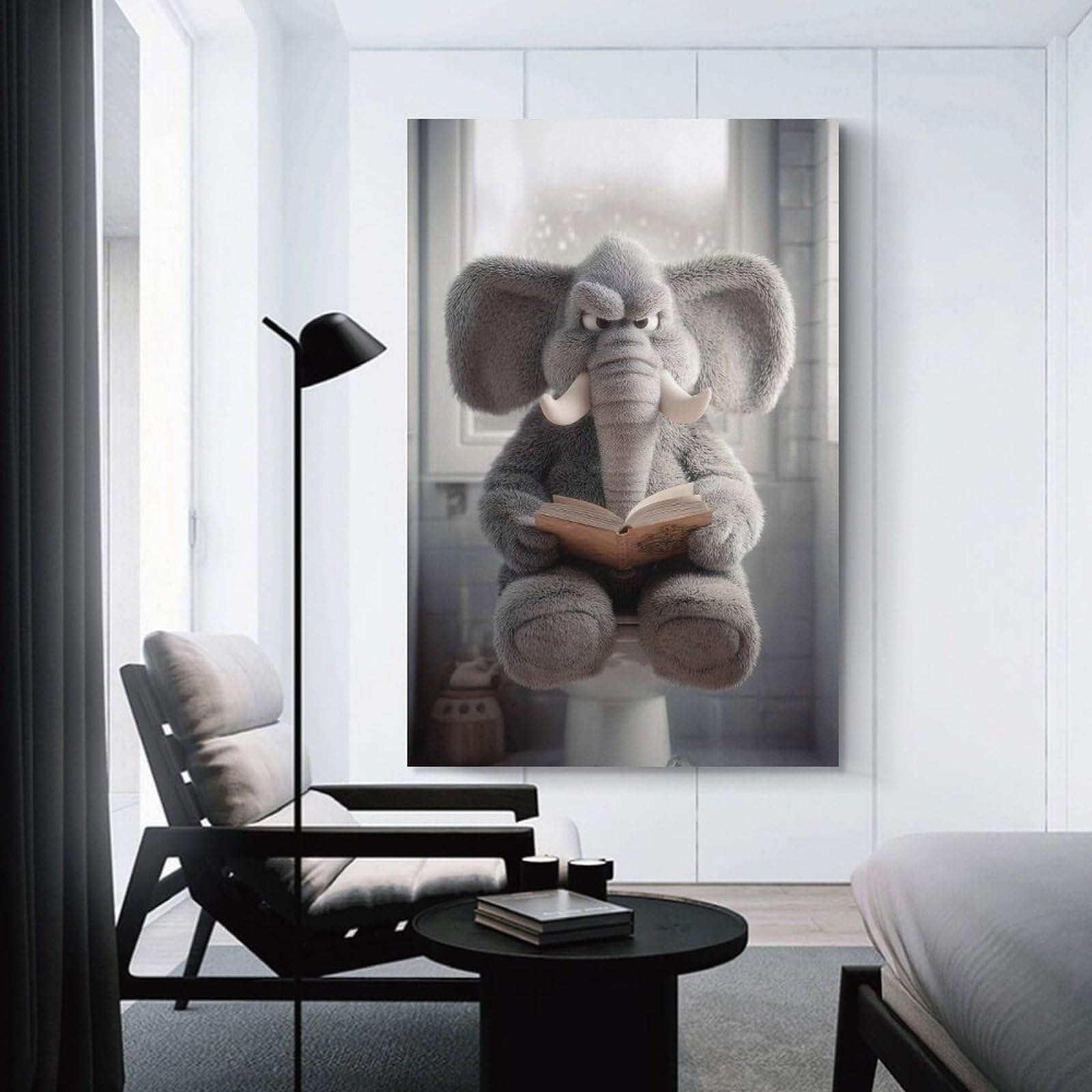 Junmoney Unframe-Style-9 Wall Picture Print Grumpy Elephant Reading On Toilet, 20X30inch(50X75cm), For Living Room, Lounge Or Sitting Room, Modern Wall Decor For Cosy Interiors