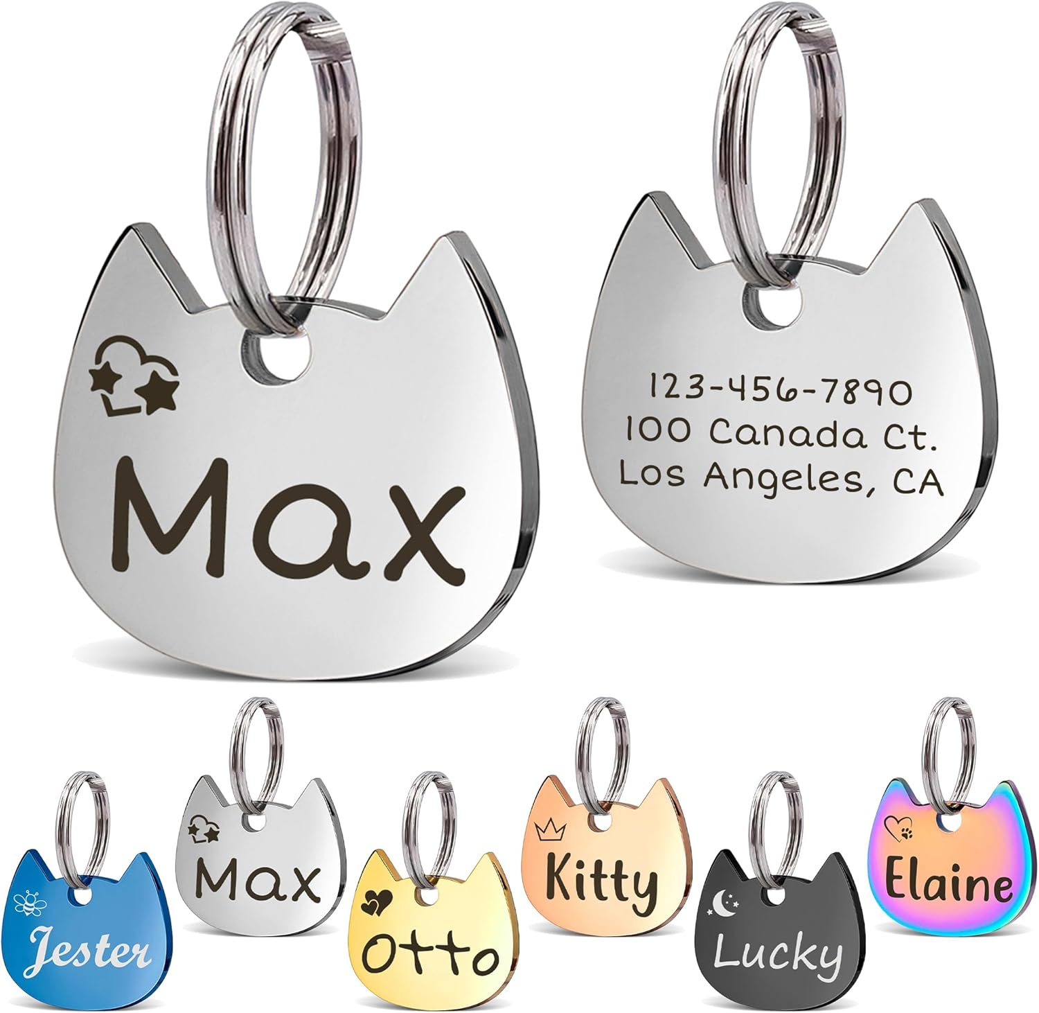 Anavia Small Size Dog Cat ID Tags, Small/XS Personalized Color Plated Stainless Steel Puppy Kitten Name Tags, Customized Engraved Nameplate Pet Collar Tag (Silver, Cat Head)