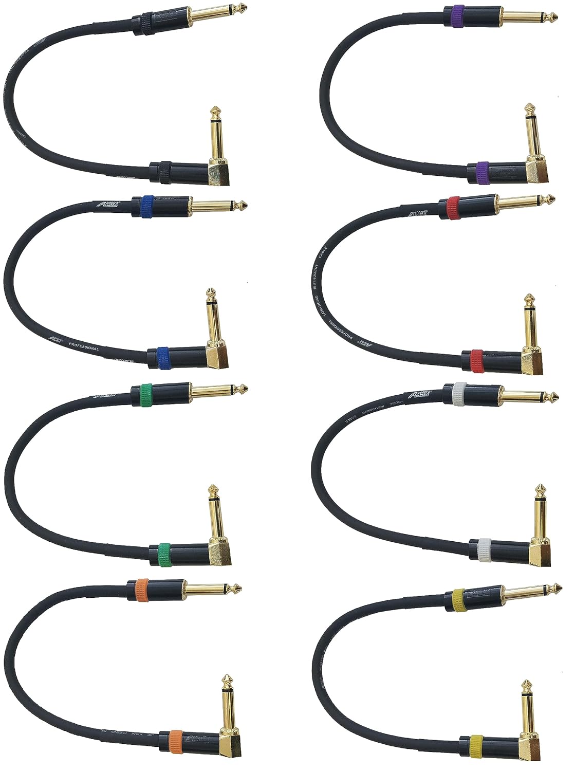 AUDIO 2000'S E28101E8 8-Pack 1-Foot 1/4" TS Right Angle to 1/4" TS Straight Instrument/Guitar/Bass/Patch/Stage & Sound Cables, Each Cable with Its Own Unique Color Ring for Easy Identification
